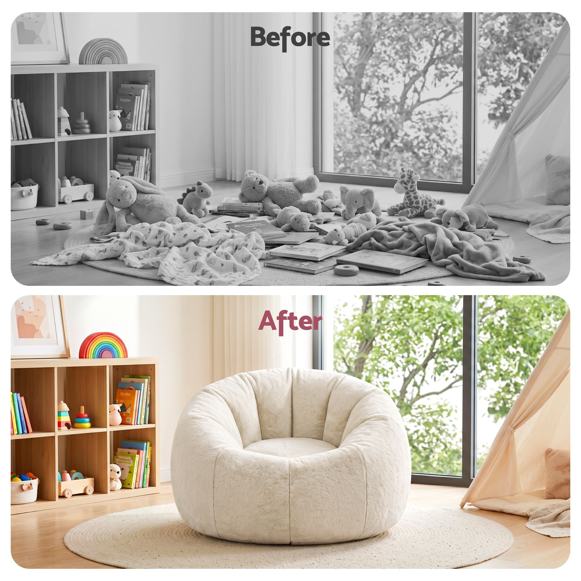 Artiss Bean Bag Chair Cover No Filler Soft Faux Fur Beanbag Cover Large Round Stuffed Animal Storage Bean Bag Cover Washable Lazy Sofa Cover for Adults Kids Teens, Beige