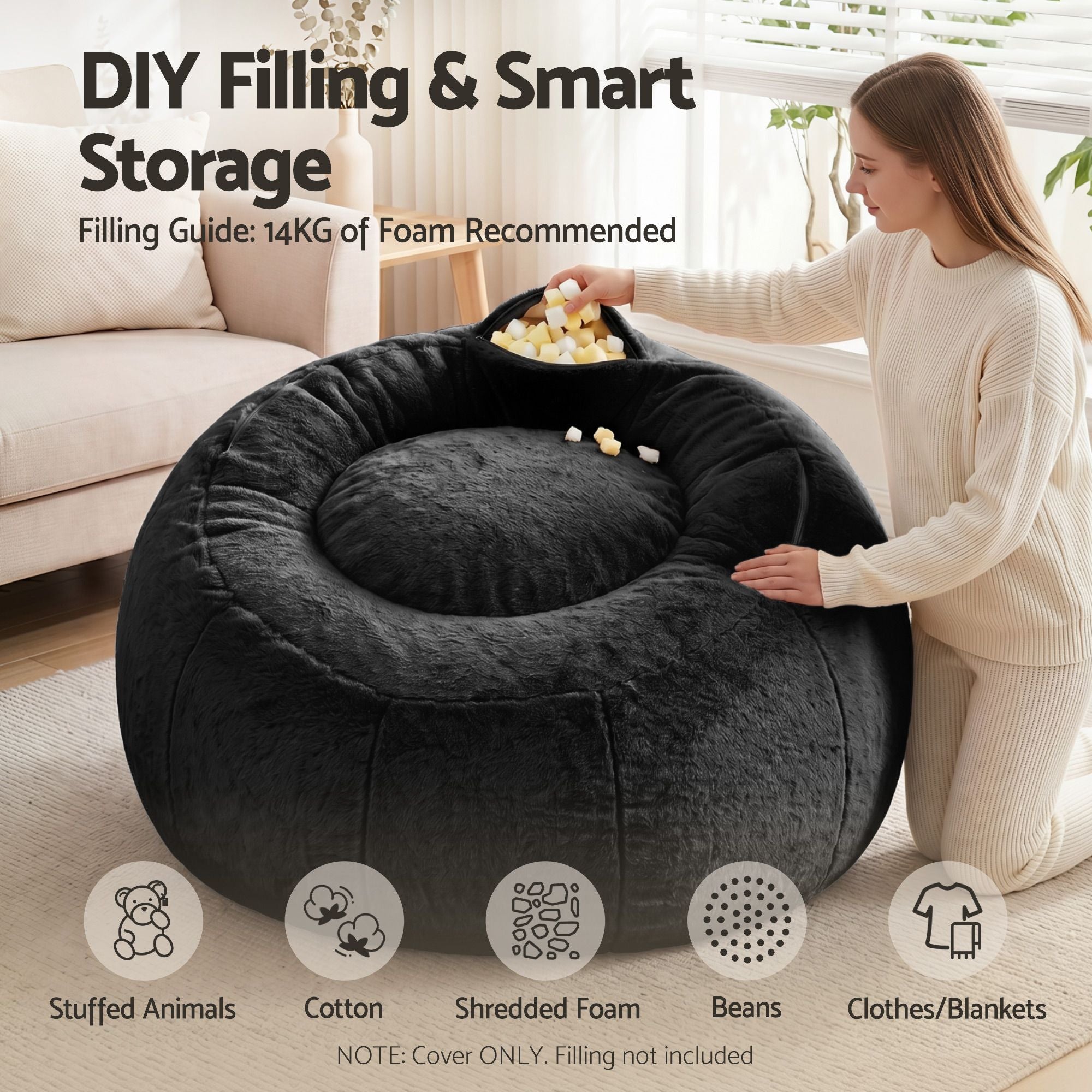 Artiss Bean Bag Chair Cover No Filler Soft Faux Fur Beanbag Cover Large Round Stuffed Animal Storage Bean Bag Cover Washable Lazy Sofa Cover for Adults Kids Teens, Black