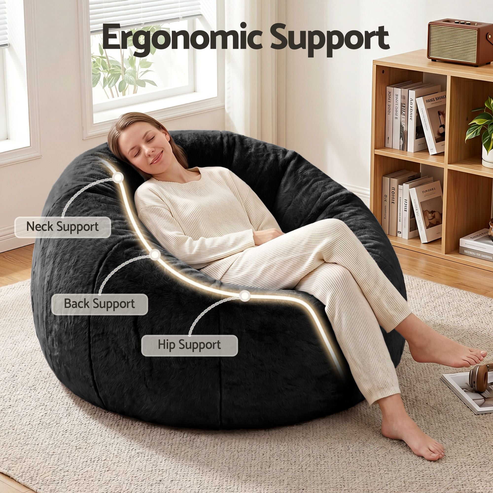 Artiss Bean Bag Chair Cover No Filler Soft Faux Fur Beanbag Cover Large Round Stuffed Animal Storage Bean Bag Cover Washable Lazy Sofa Cover for Adults Kids Teens, Black