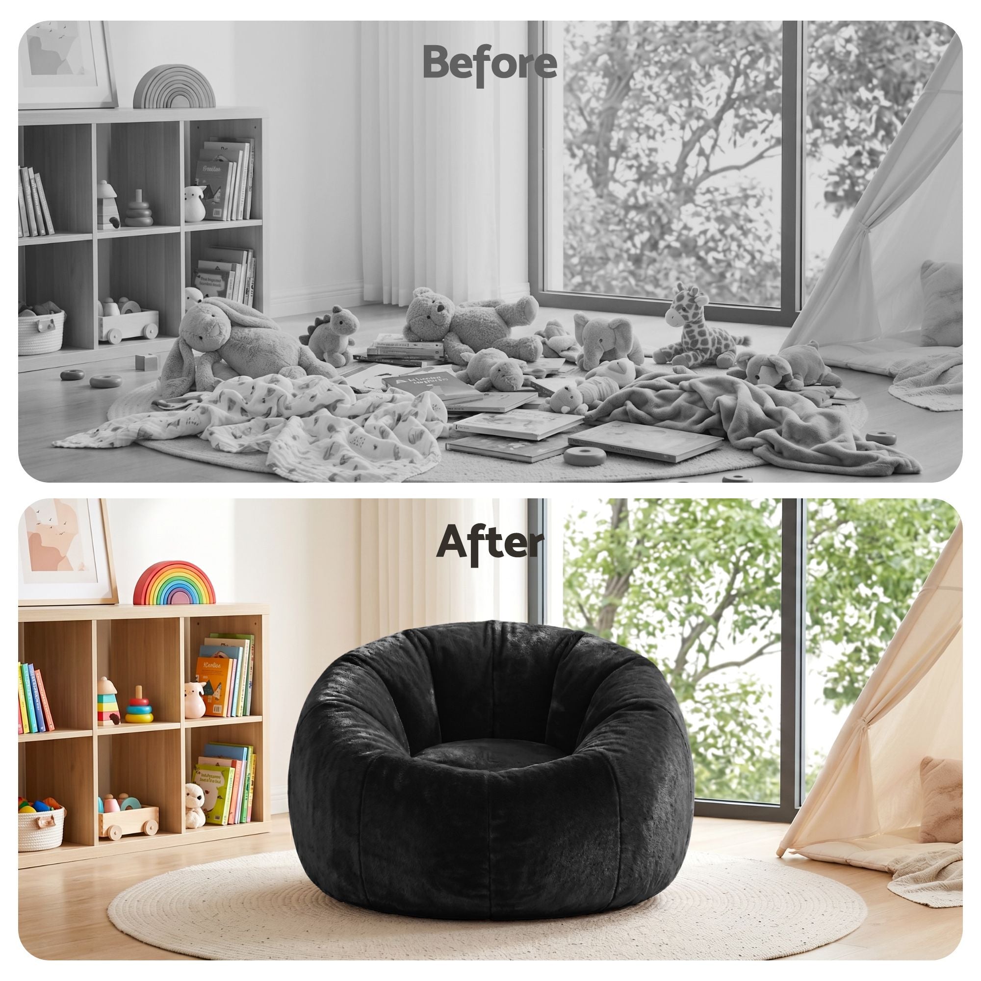 Artiss Bean Bag Chair Cover No Filler Soft Faux Fur Beanbag Cover Large Round Stuffed Animal Storage Bean Bag Cover Washable Lazy Sofa Cover for Adults Kids Teens, Black