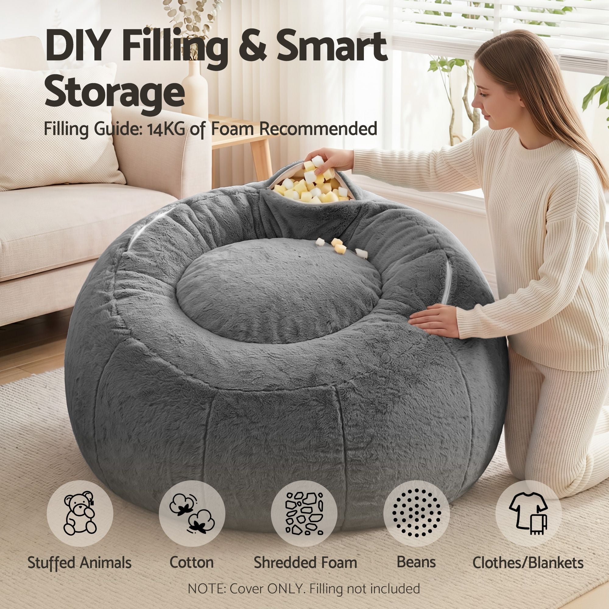 Artiss Bean Bag Chair Cover No Filler Soft Faux Fur Beanbag Cover Large Round Stuffed Animal Storage Bean Bag Cover Washable Lazy Sofa Cover for Adults Kids Teens, Grey