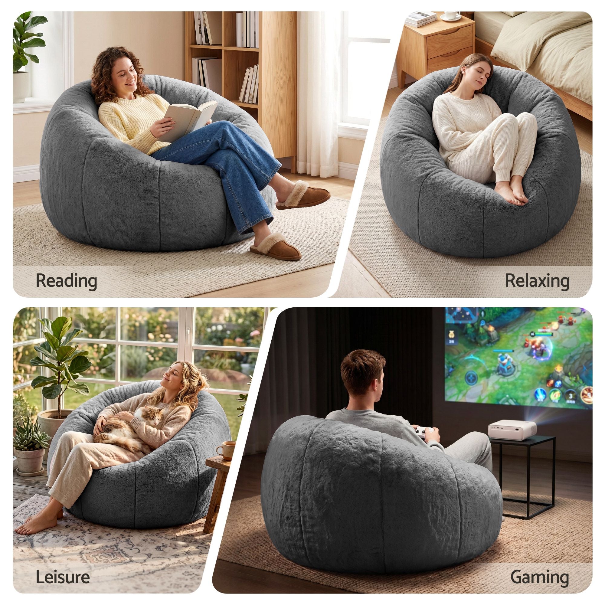 Artiss Bean Bag Chair Cover No Filler Soft Faux Fur Beanbag Cover Large Round Stuffed Animal Storage Bean Bag Cover Washable Lazy Sofa Cover for Adults Kids Teens, Grey
