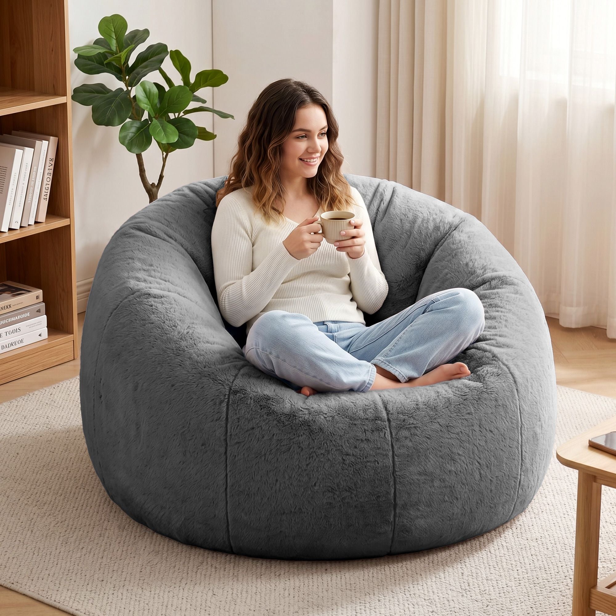 Artiss Bean Bag Chair Cover No Filler Soft Faux Fur Beanbag Cover Large Round Stuffed Animal Storage Bean Bag Cover Washable Lazy Sofa Cover for Adults Kids Teens, Grey