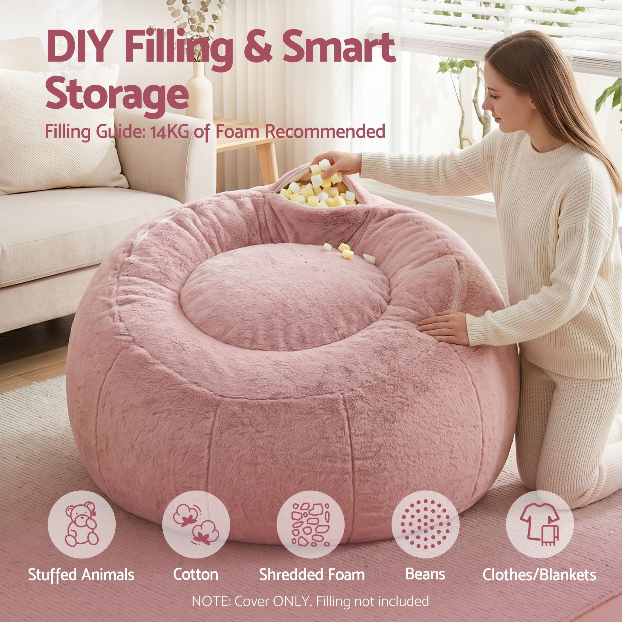 Artiss Bean Bag Chair Cover No Filler Soft Faux Fur Beanbag Cover Large Round Stuffed Animal Storage Bean Bag Cover Washable Lazy Sofa Cover for Adults Kids Teens, Pink