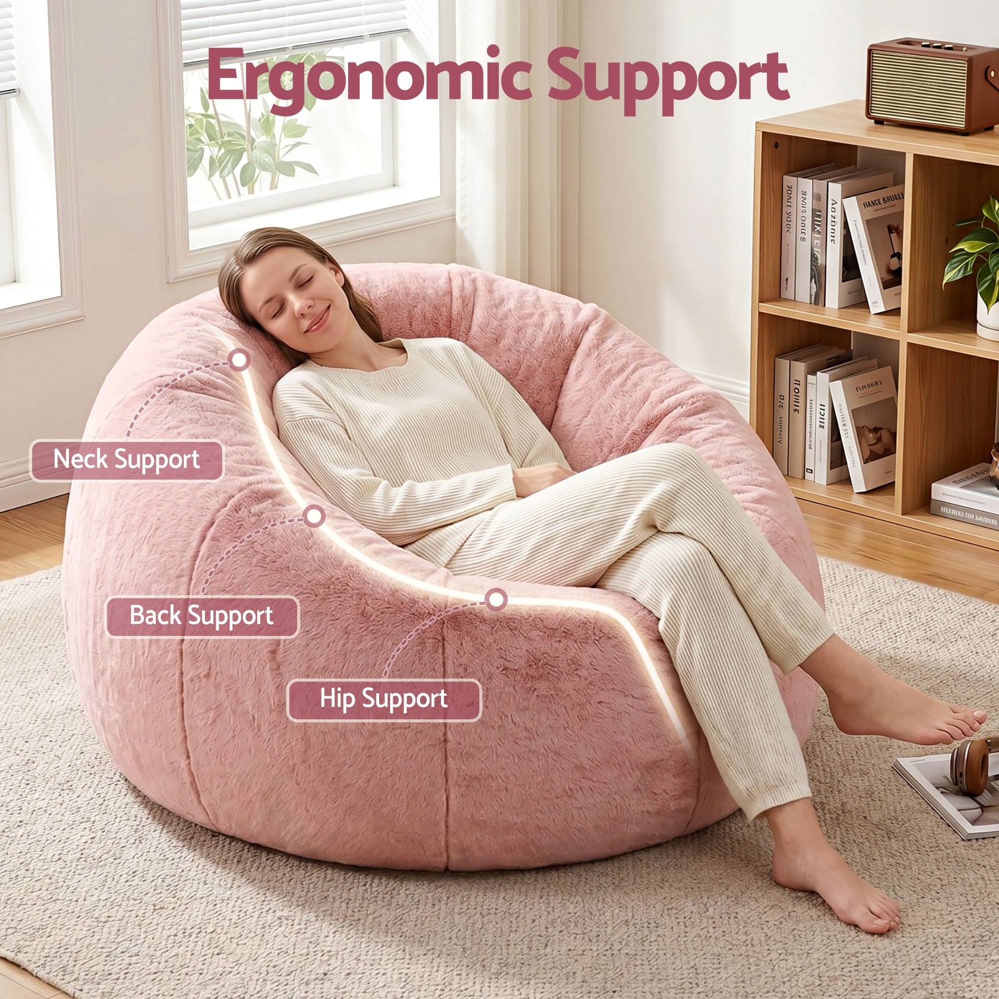 Artiss Bean Bag Chair Cover No Filler Soft Faux Fur Beanbag Cover Large Round Stuffed Animal Storage Bean Bag Cover Washable Lazy Sofa Cover for Adults Kids Teens, Pink