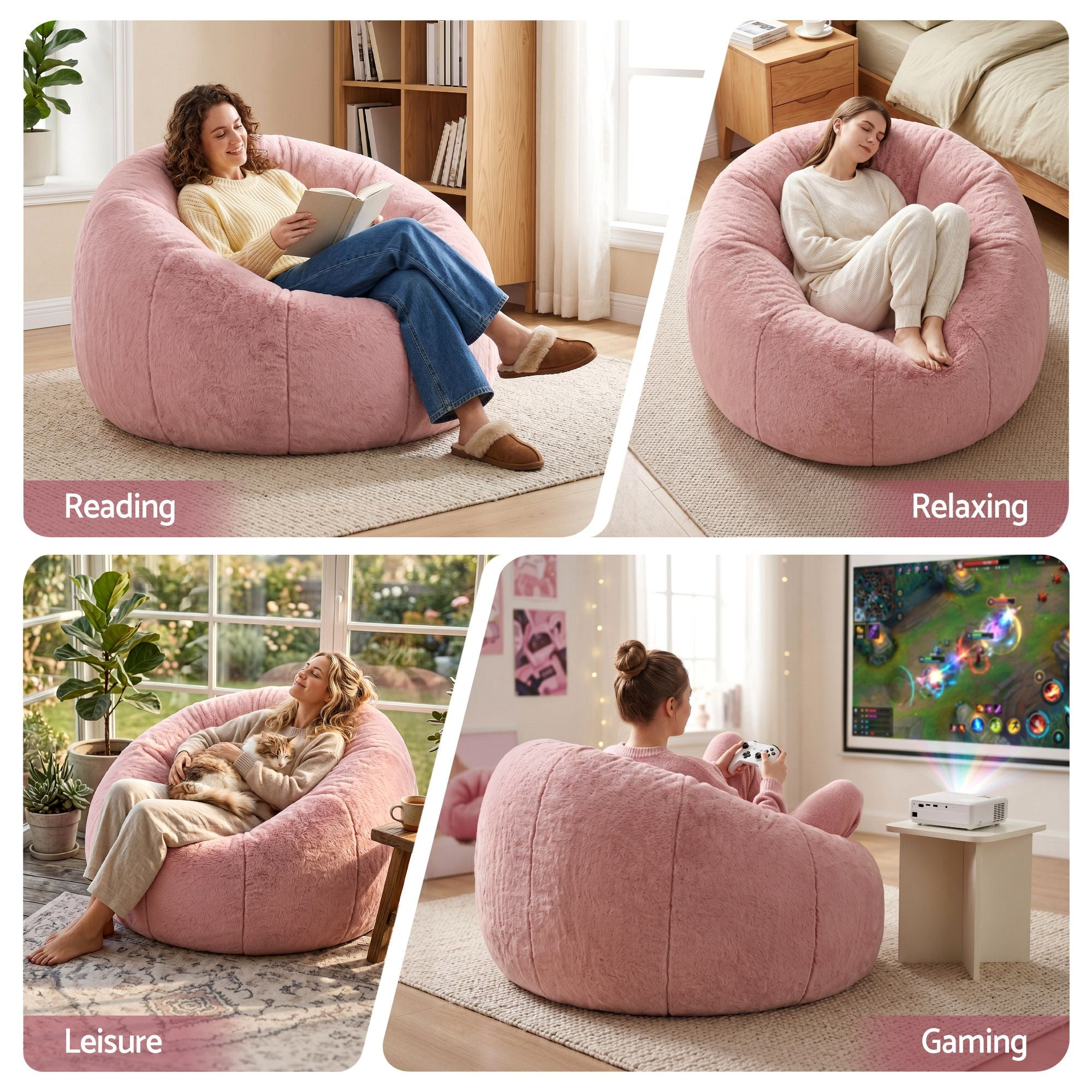 Artiss Bean Bag Chair Cover No Filler Soft Faux Fur Beanbag Cover Large Round Stuffed Animal Storage Bean Bag Cover Washable Lazy Sofa Cover for Adults Kids Teens, Pink