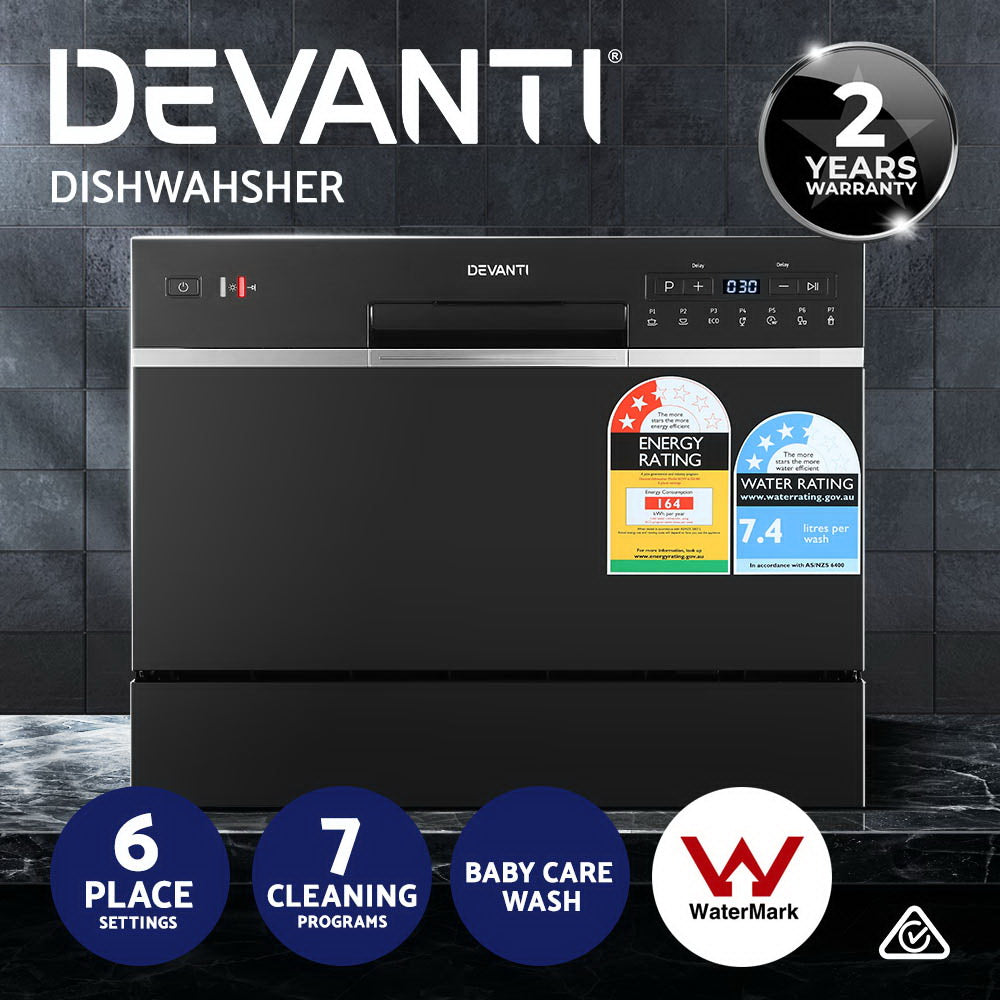 Quiet 6-Place Benchtop Dishwasher w/ LED & Baby Care - Devanti