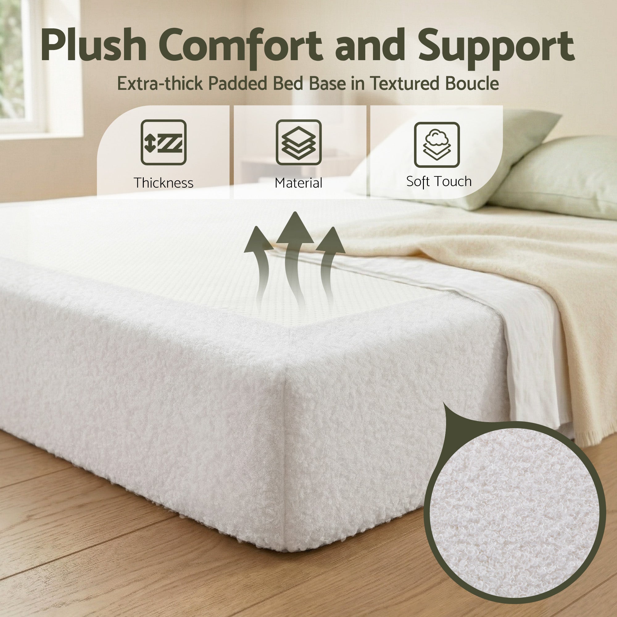 Artiss Compression Bed Frame Double Size No Assembly Vacuum High Density Sponge Boucle Cream White