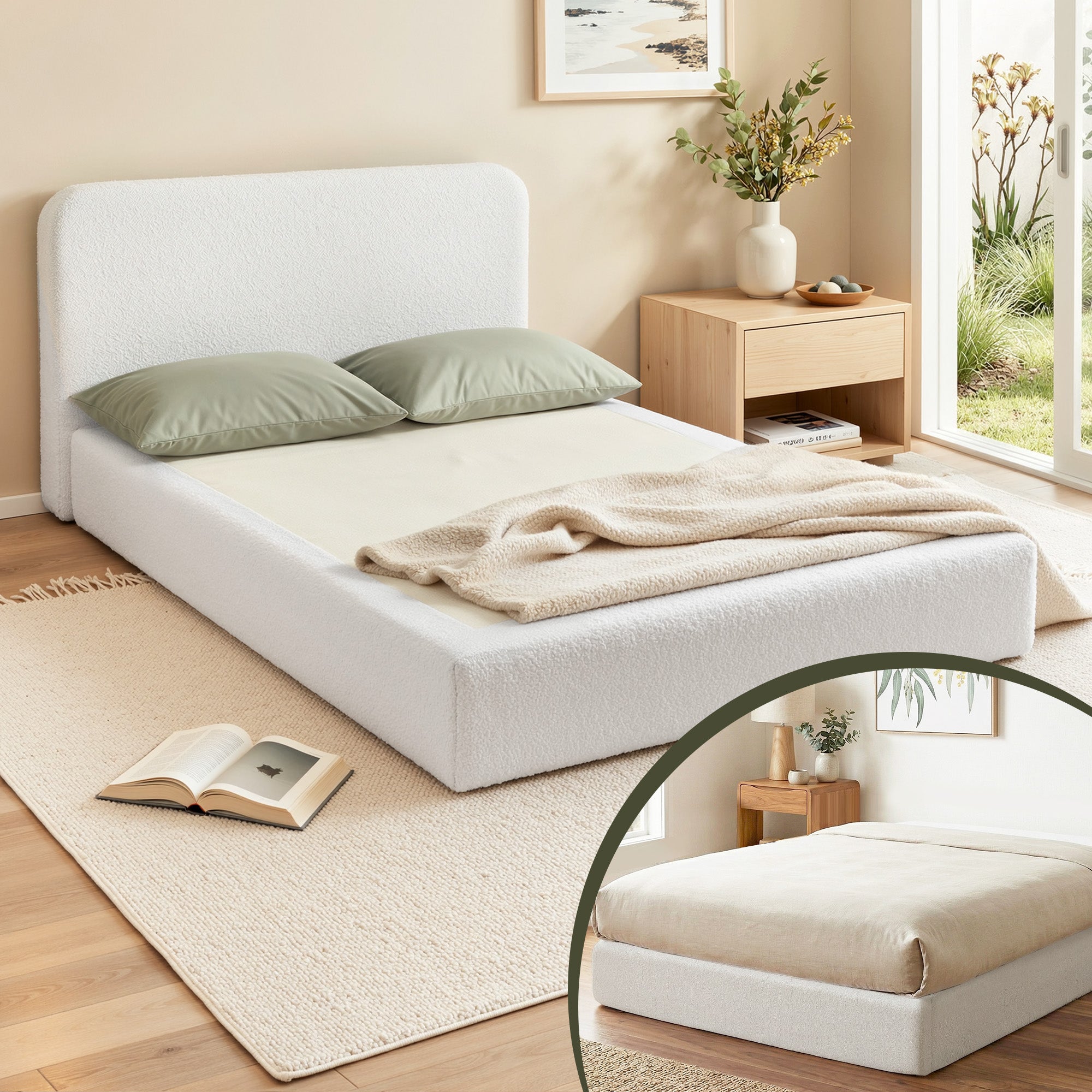 Artiss Compression Bed Frame Queen Size No Assembly Vacuum High Density Sponge Boucle Cream White