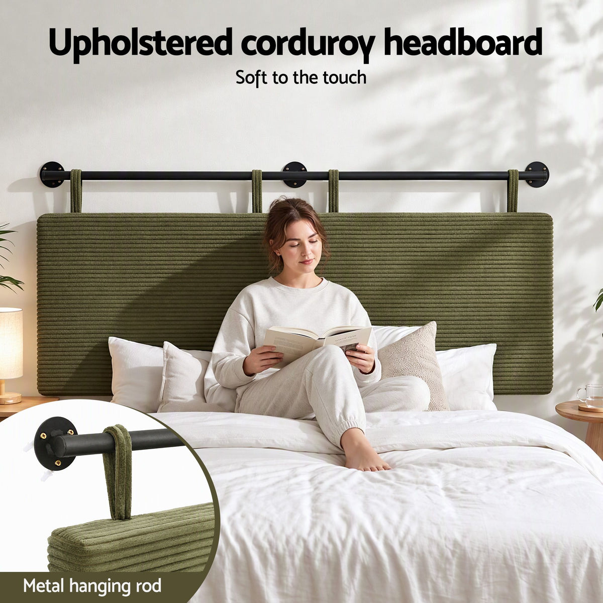 Artiss Wall Mounted Headboard Double Corduroy Upholstered Hanging Bed Head