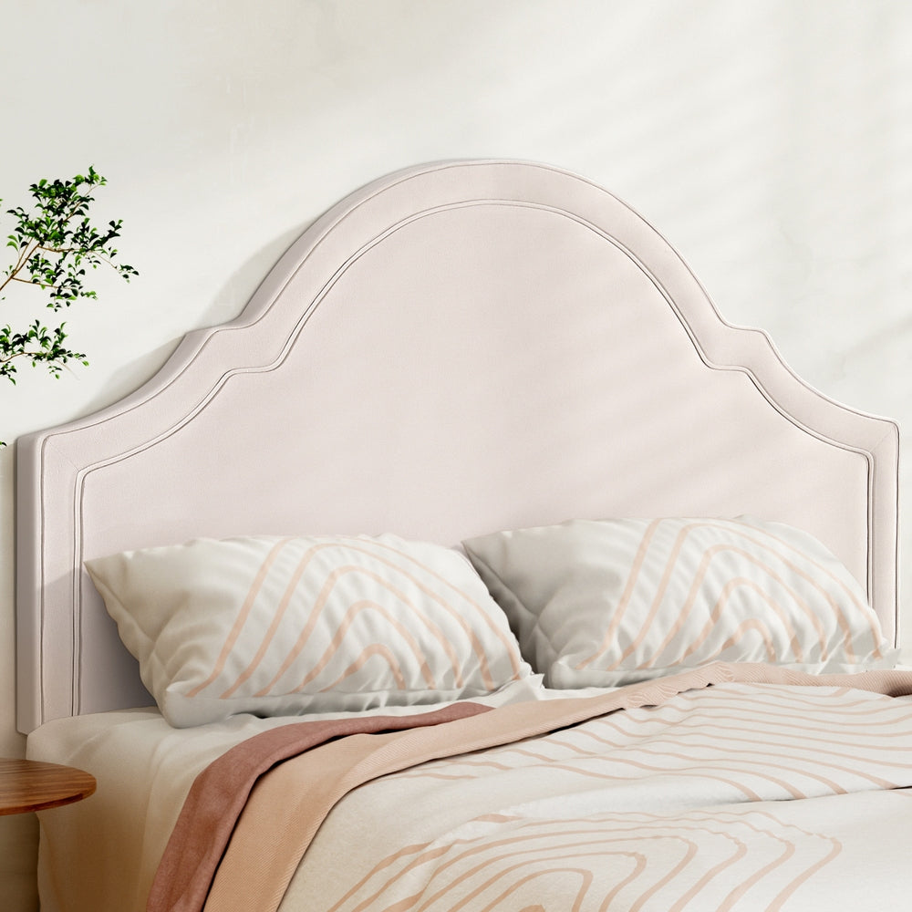 Scalloped Velvet Queen Bed Headboard, Beige - Artiss