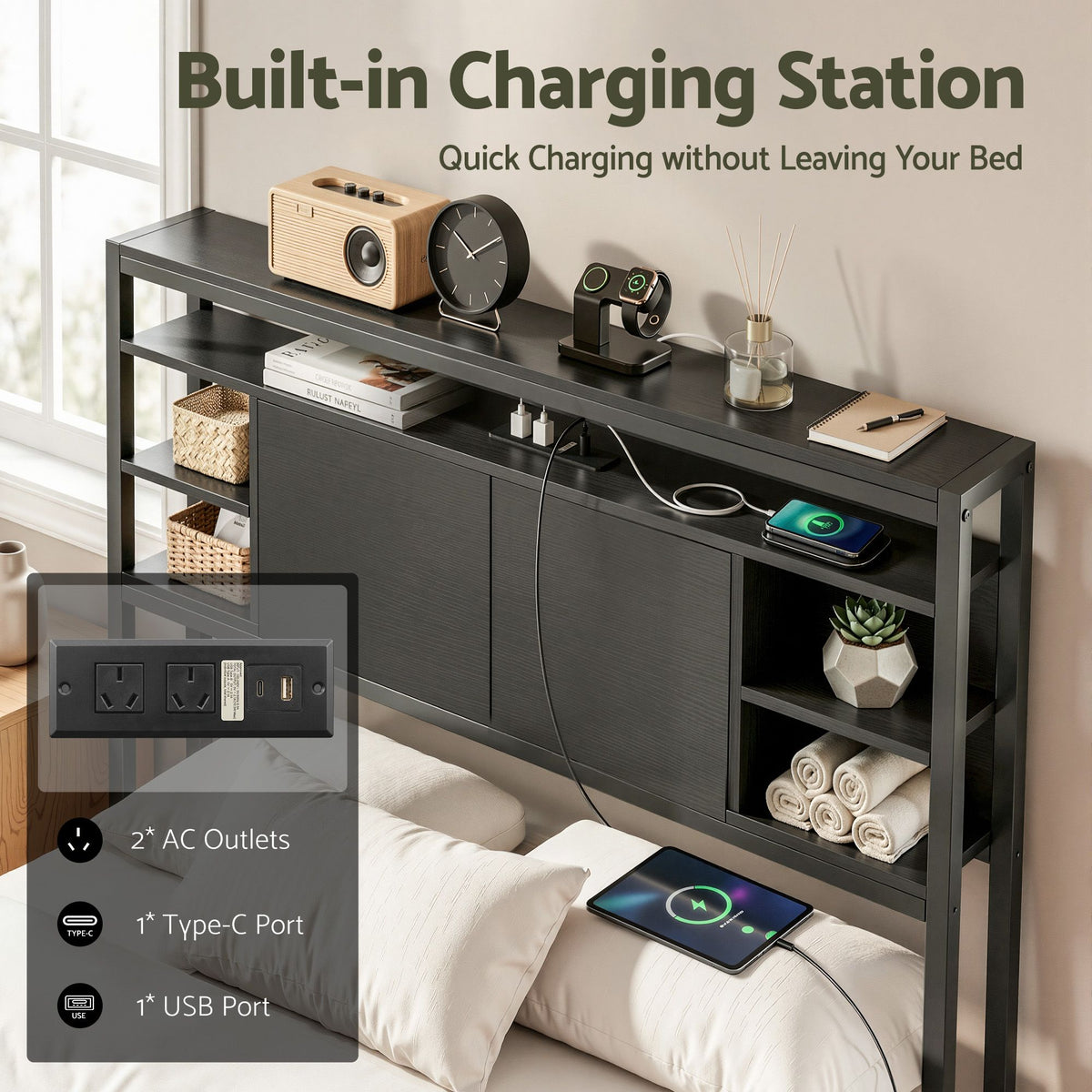 Artiss King Single Storage Bedhead with Charging Station Black