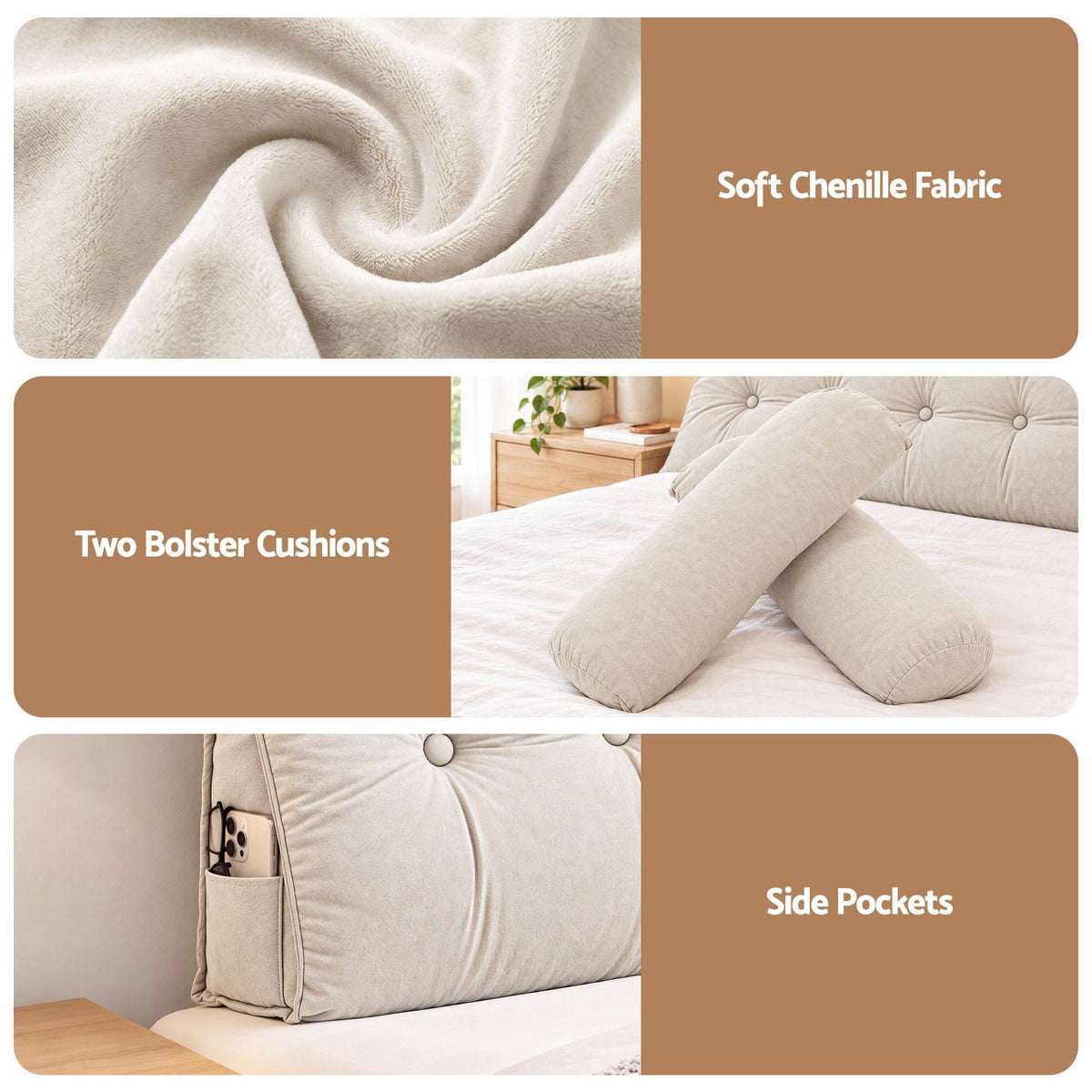 Artiss Headboard Pillow Double Wedge Backrest Triangular with 2 Cushions Beige
