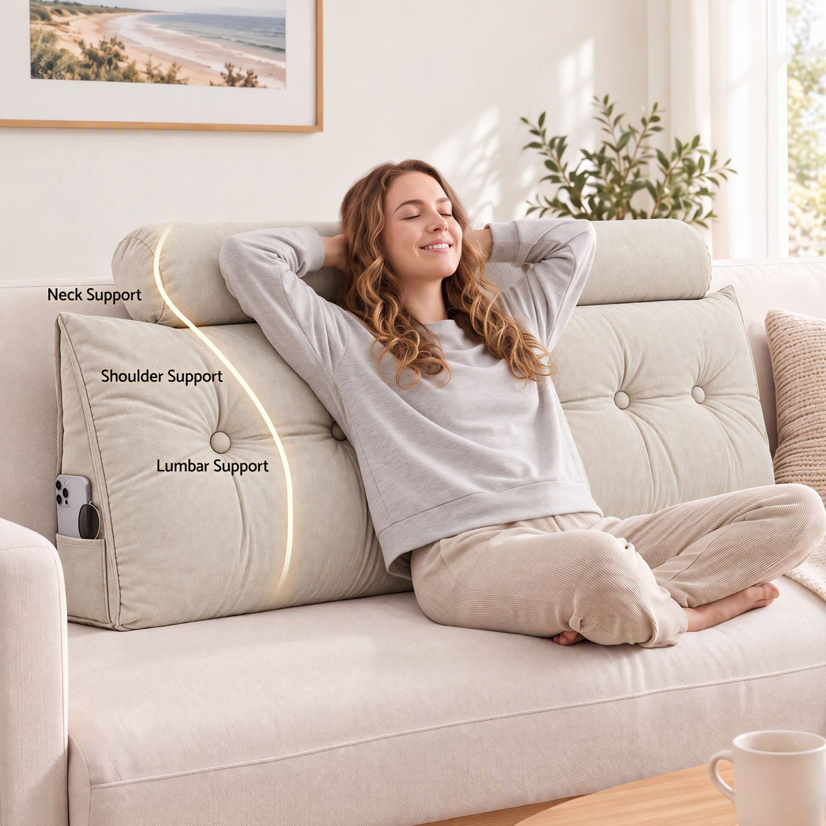Artiss Headboard Pillow Queen Wedge Backrest Triangular with 2 Cushions Beige