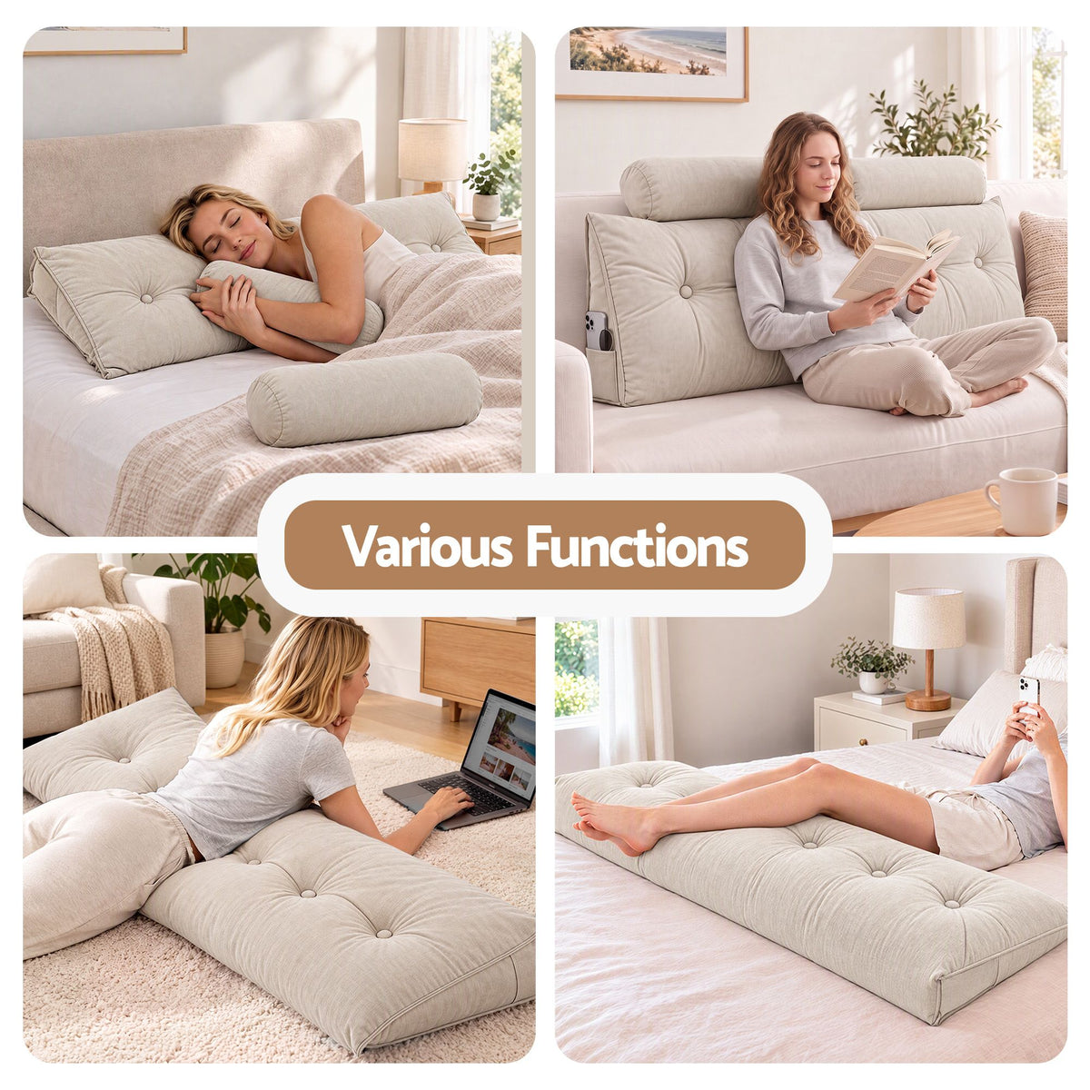 Artiss Headboard Pillow Queen Wedge Backrest Triangular with 2 Cushions Beige