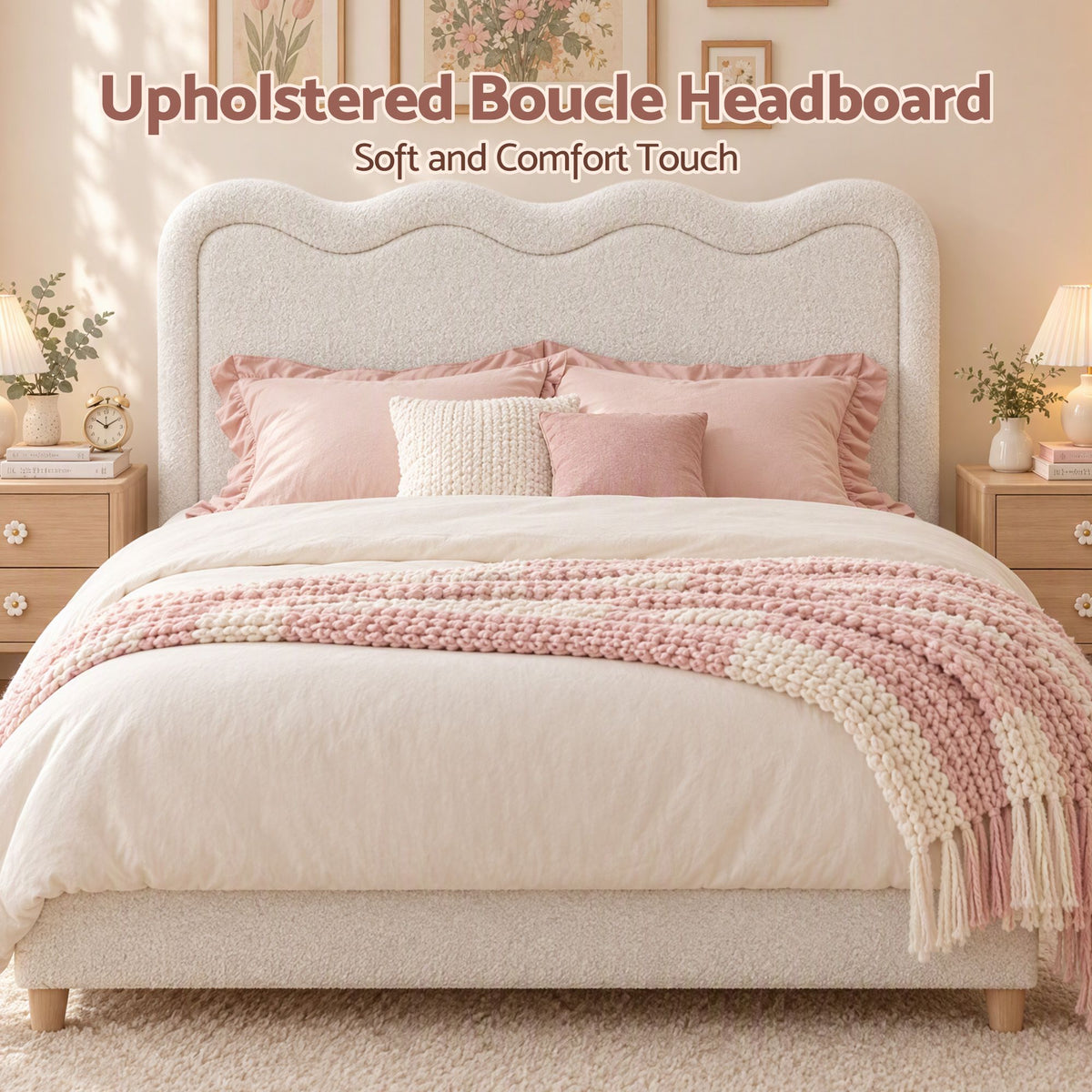 Artiss Boucle Bed Head Queen Size Upholstered Wavy Headboard Beige