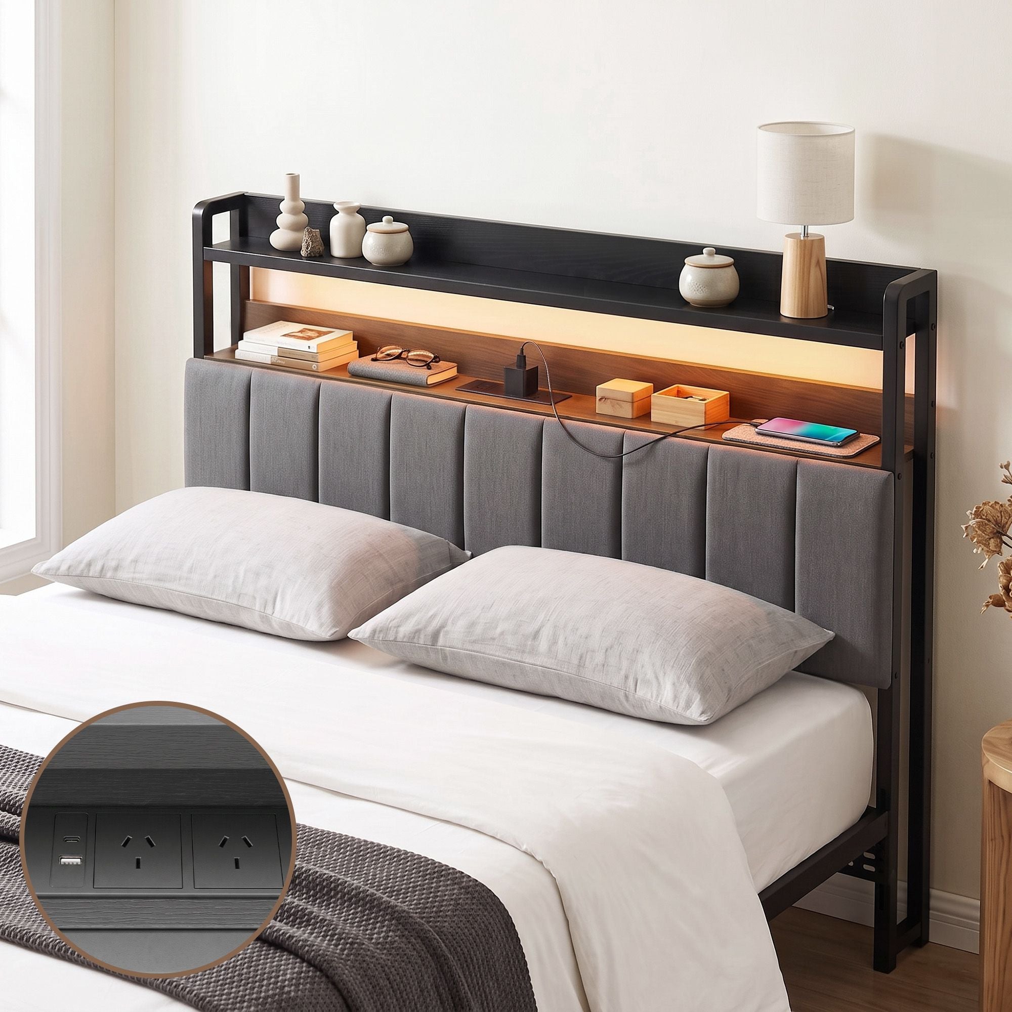 Artiss Double Headboard Charging Station Storage LED Light Grey Upholstered