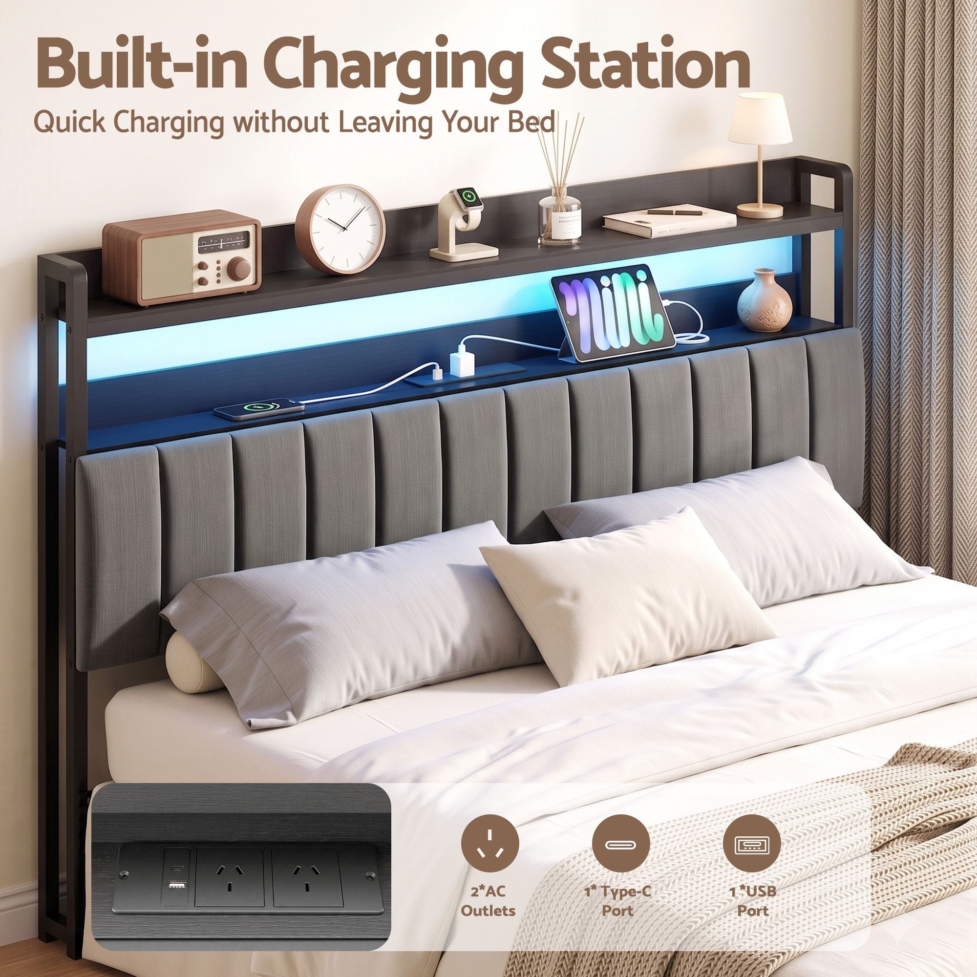 Artiss King Headboard Charging Station Storage LED Light Grey Upholstered