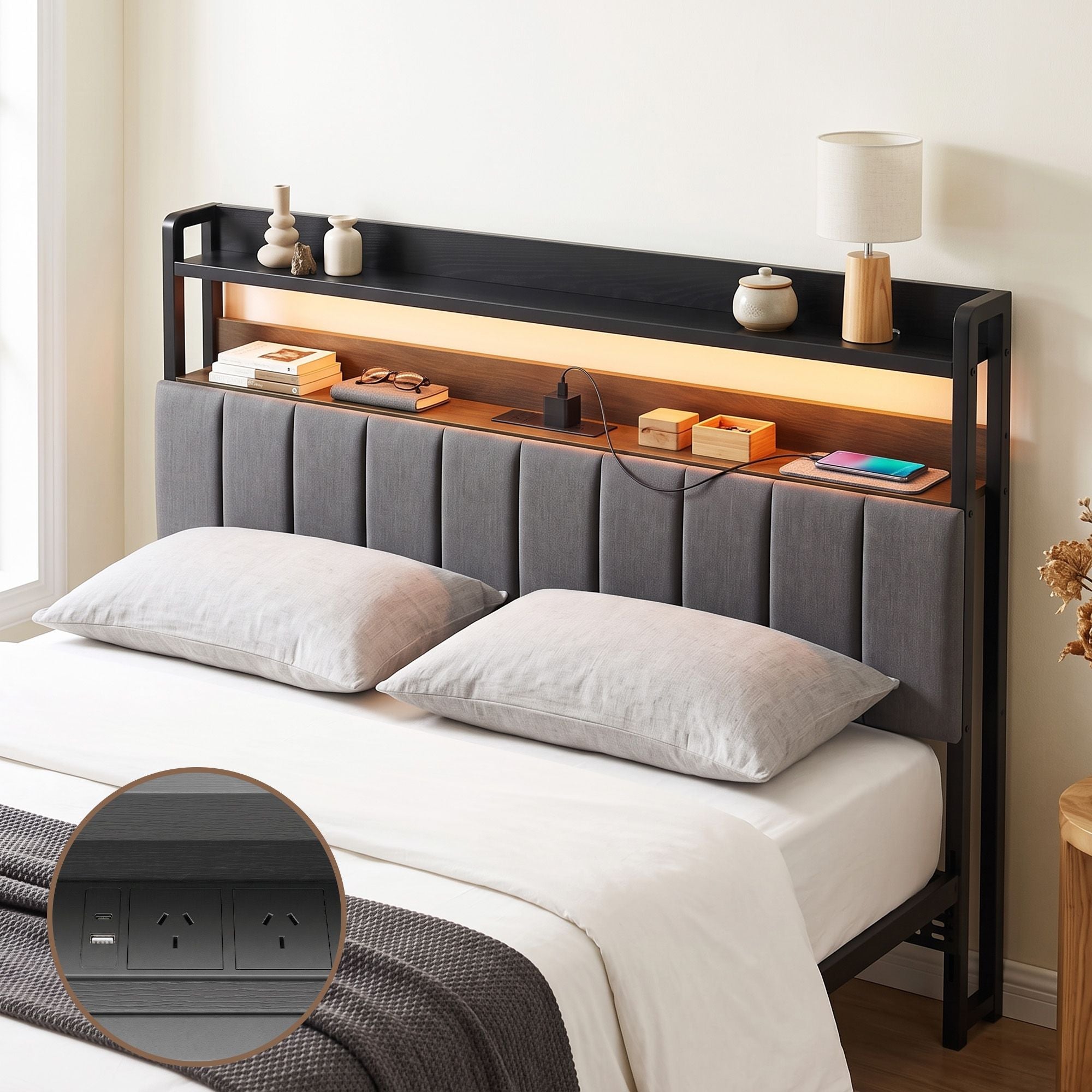 Artiss Queen Headboard Charging Station Storage LED Light Grey Upholstered