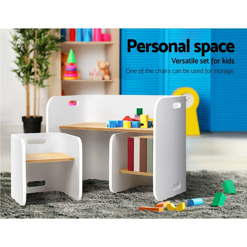 Keezi Kids Table and Chairs Set 3PCS Multifunctional Storage Desk White