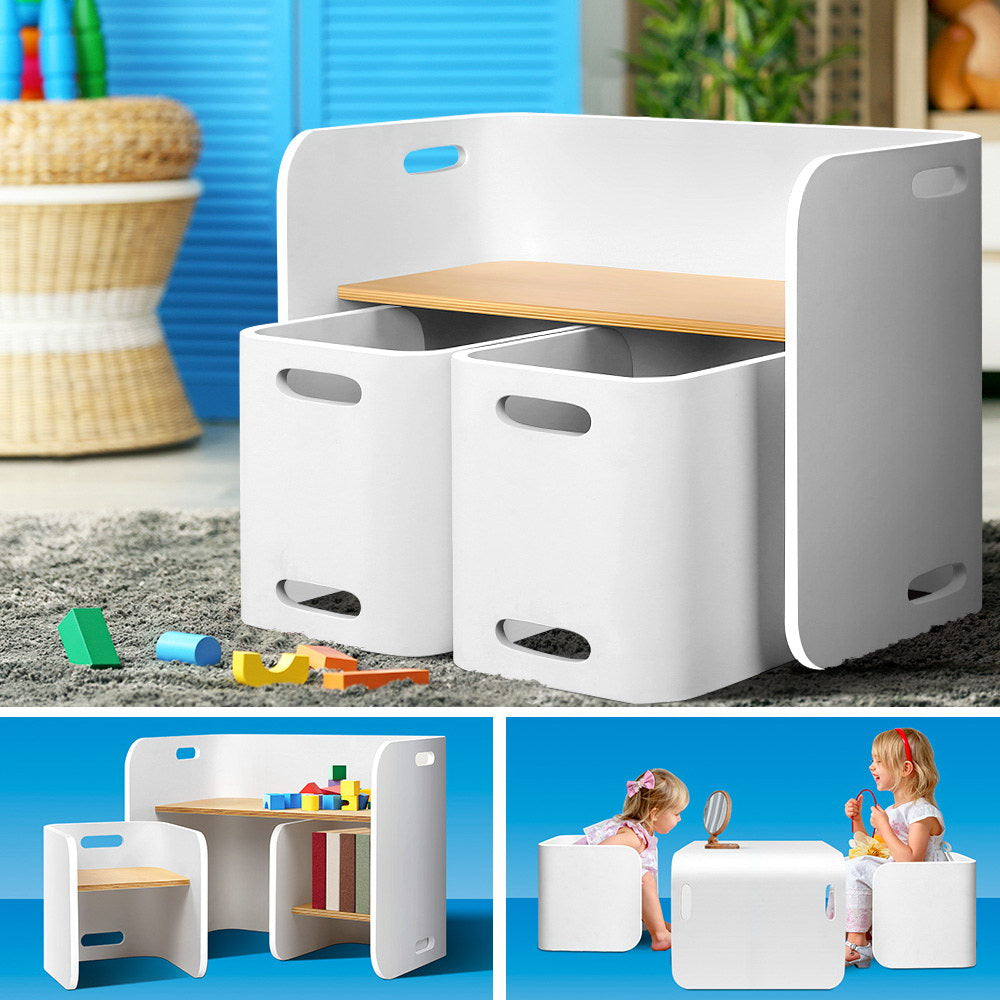 Keezi Kids Table and Chairs Set 3PCS Multifunctional Storage Desk White