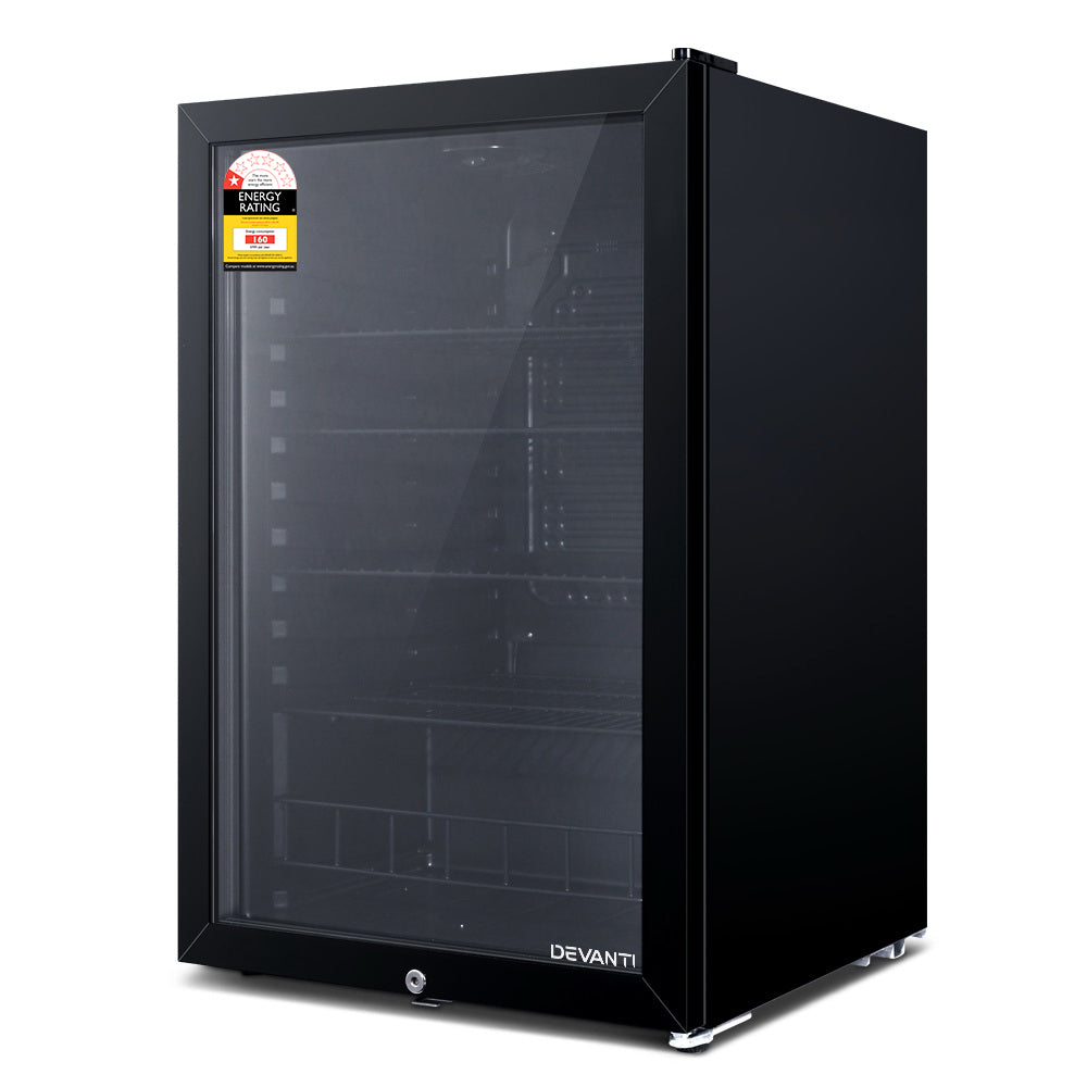 Devanti 115L Bar Fridge Glass Door LED Light Black