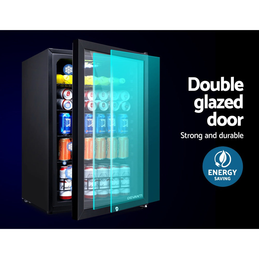 Devanti 115L Bar Fridge Glass Door LED Light Black