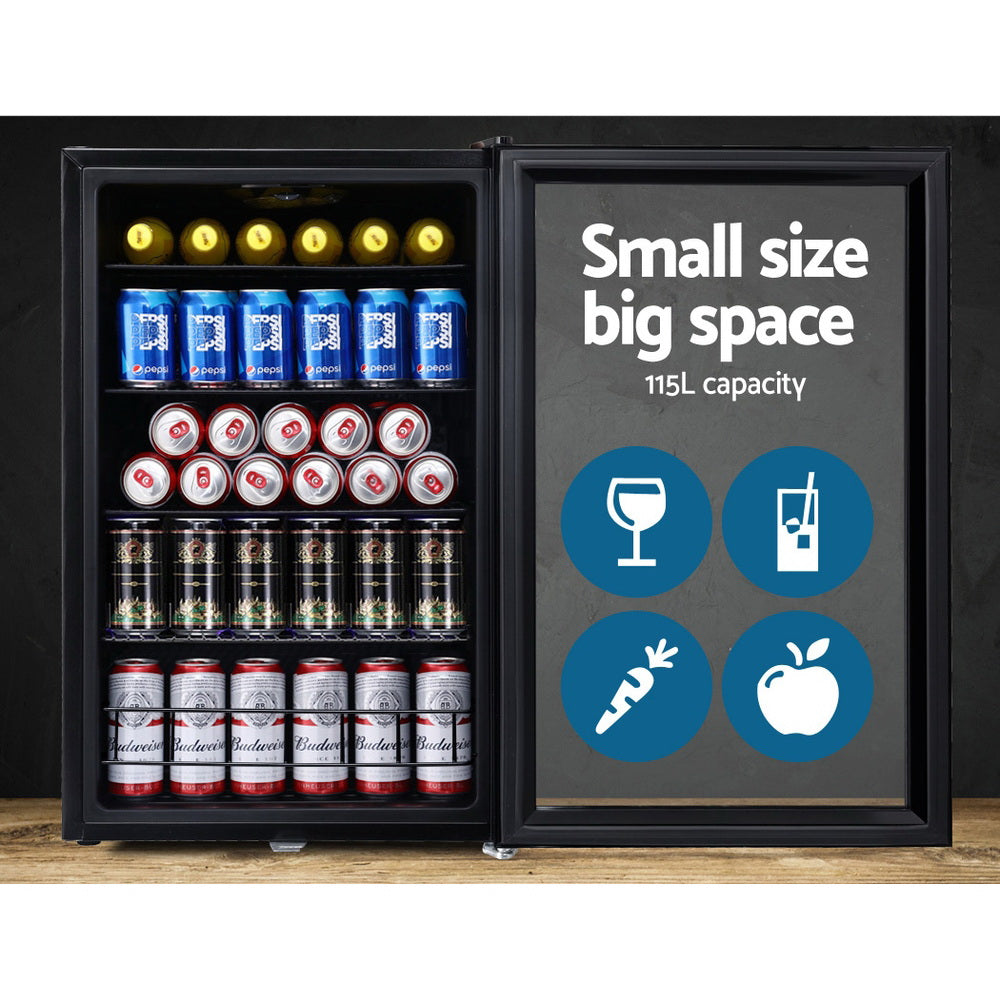 Devanti 115L Bar Fridge Glass Door LED Light Black