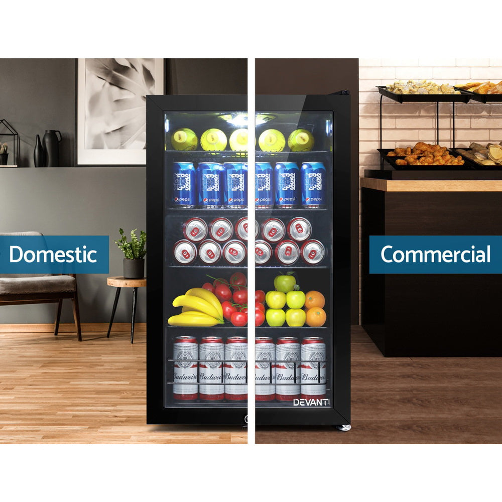 Devanti 115L Bar Fridge Glass Door LED Light Black