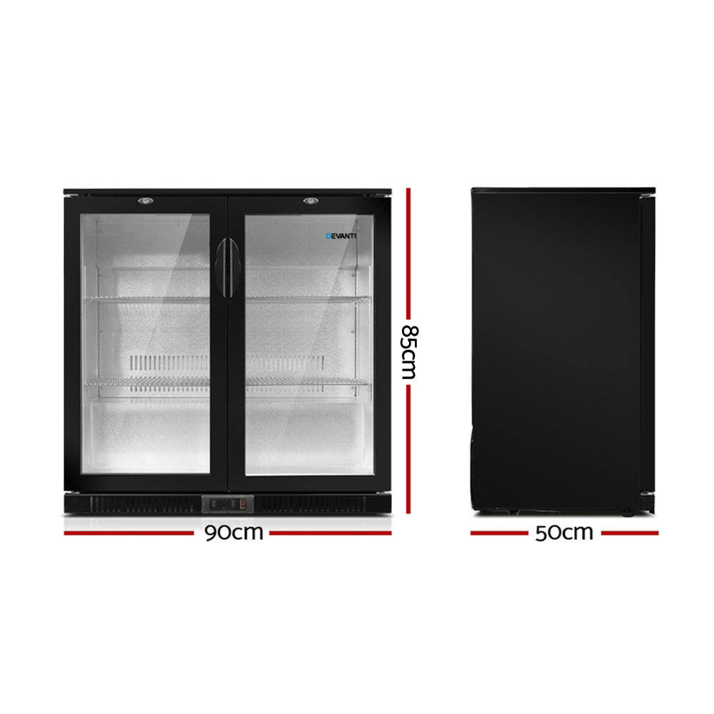 Devanti 198L Bar Fridge Dual Glass Door LED Black