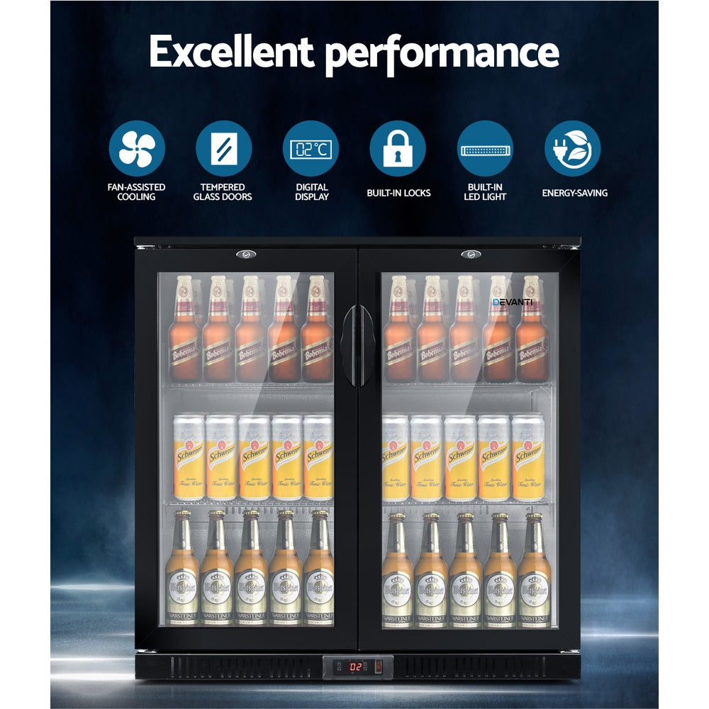 Devanti 198L Bar Fridge Dual Glass Door LED Black