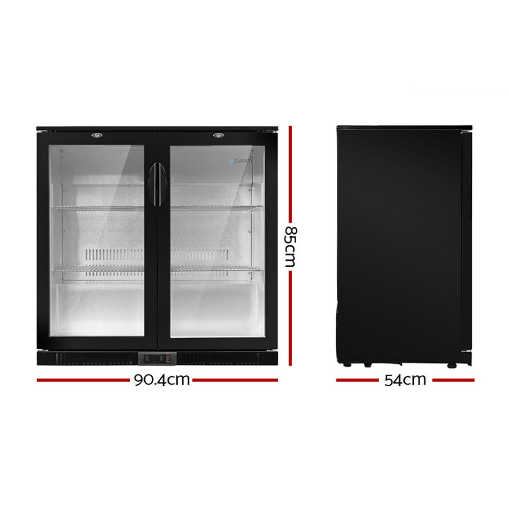 Devanti 198L Bar Fridge Double Glass Door with LED Light Black