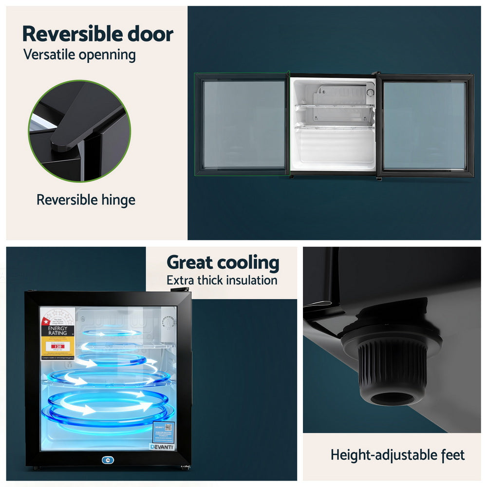 Devanti 40L Bar Fridge Glass Door Countertop Cooler Black