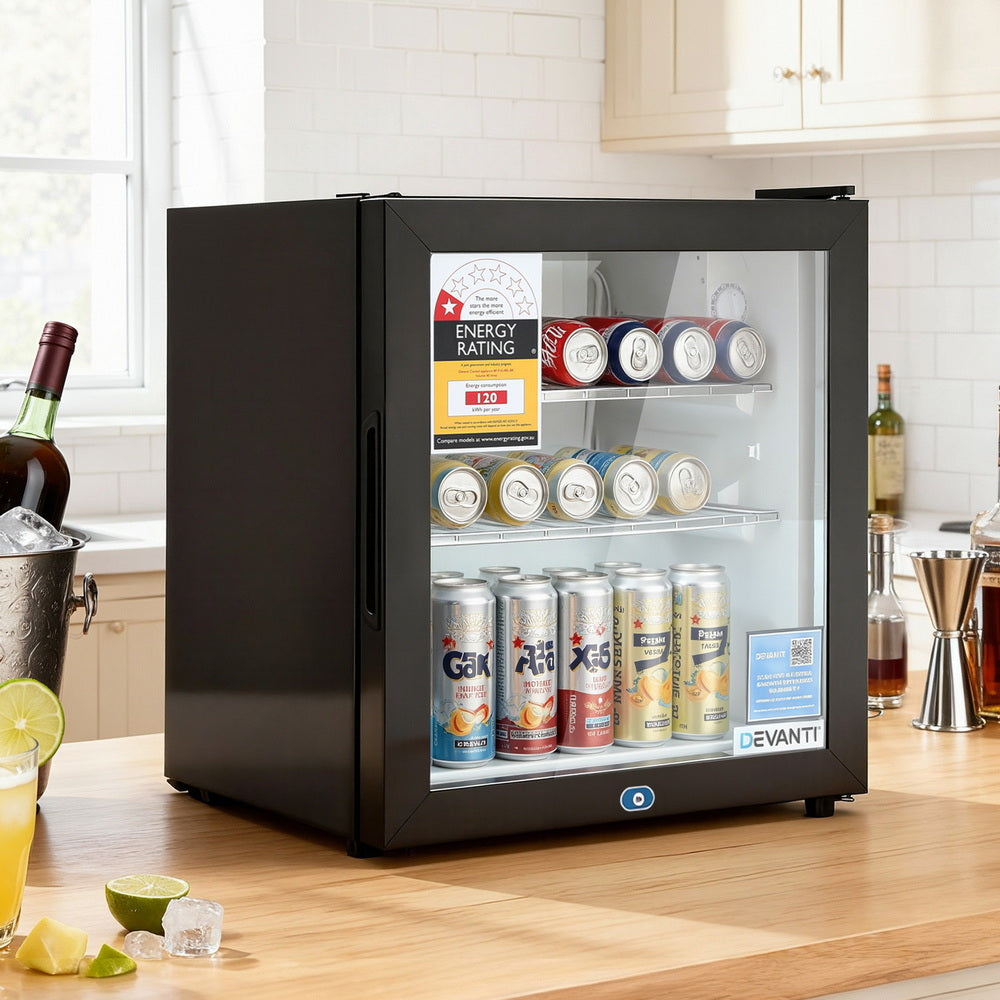 Devanti 40L Bar Fridge Glass Door Countertop Cooler Black