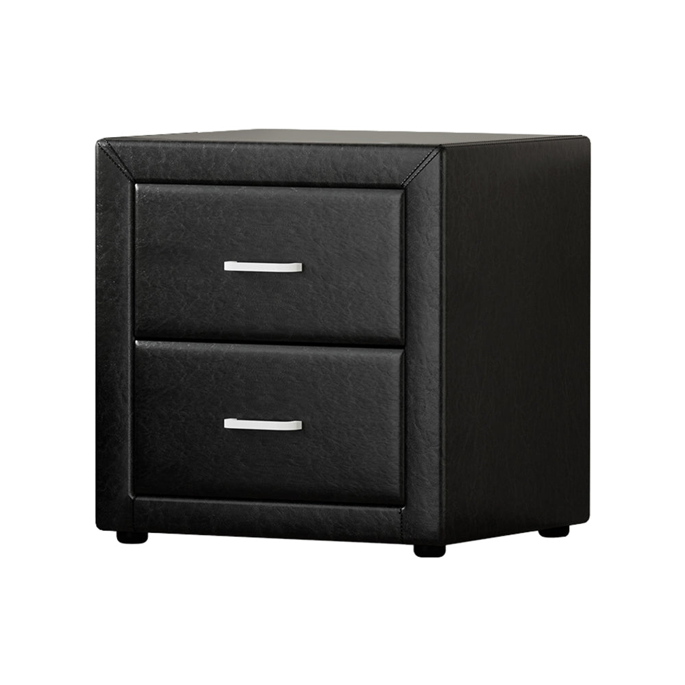 Caden Black Bedside Table 2 Drawers Leather Finish