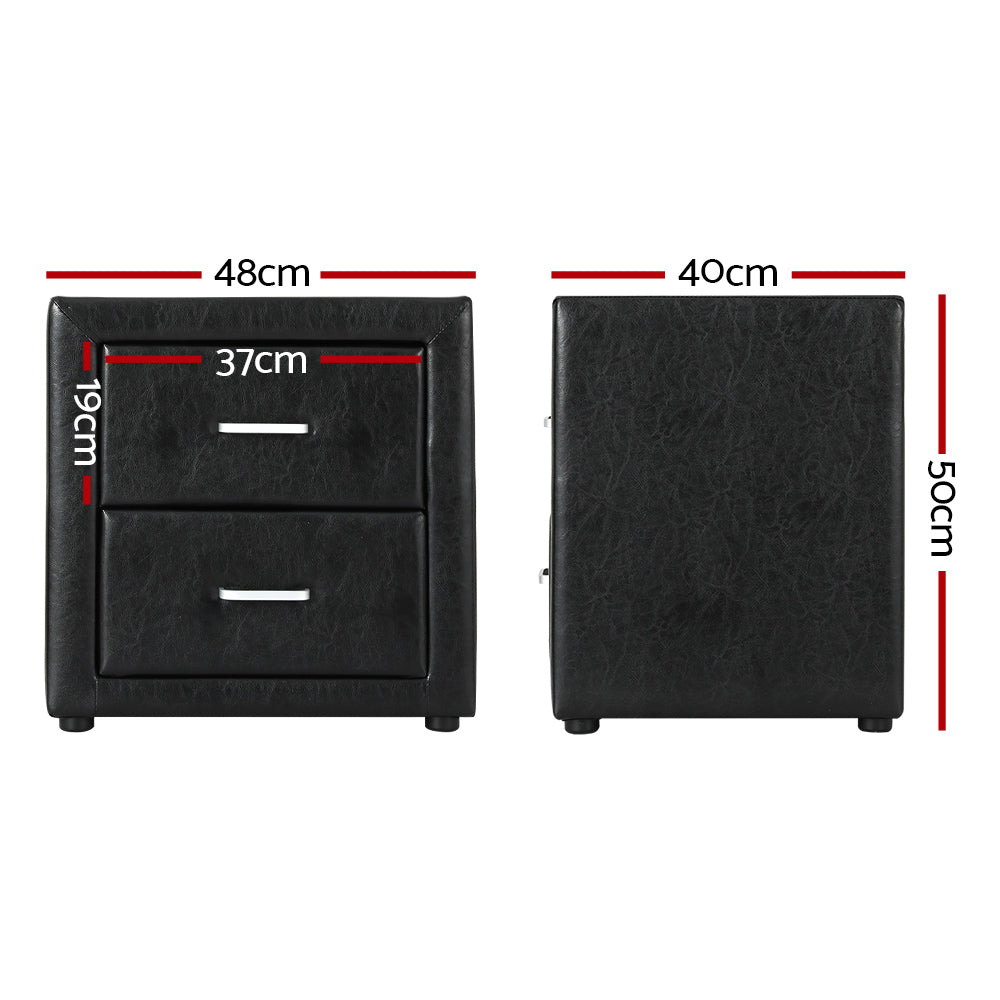 Caden Black Bedside Table 2 Drawers Leather Finish