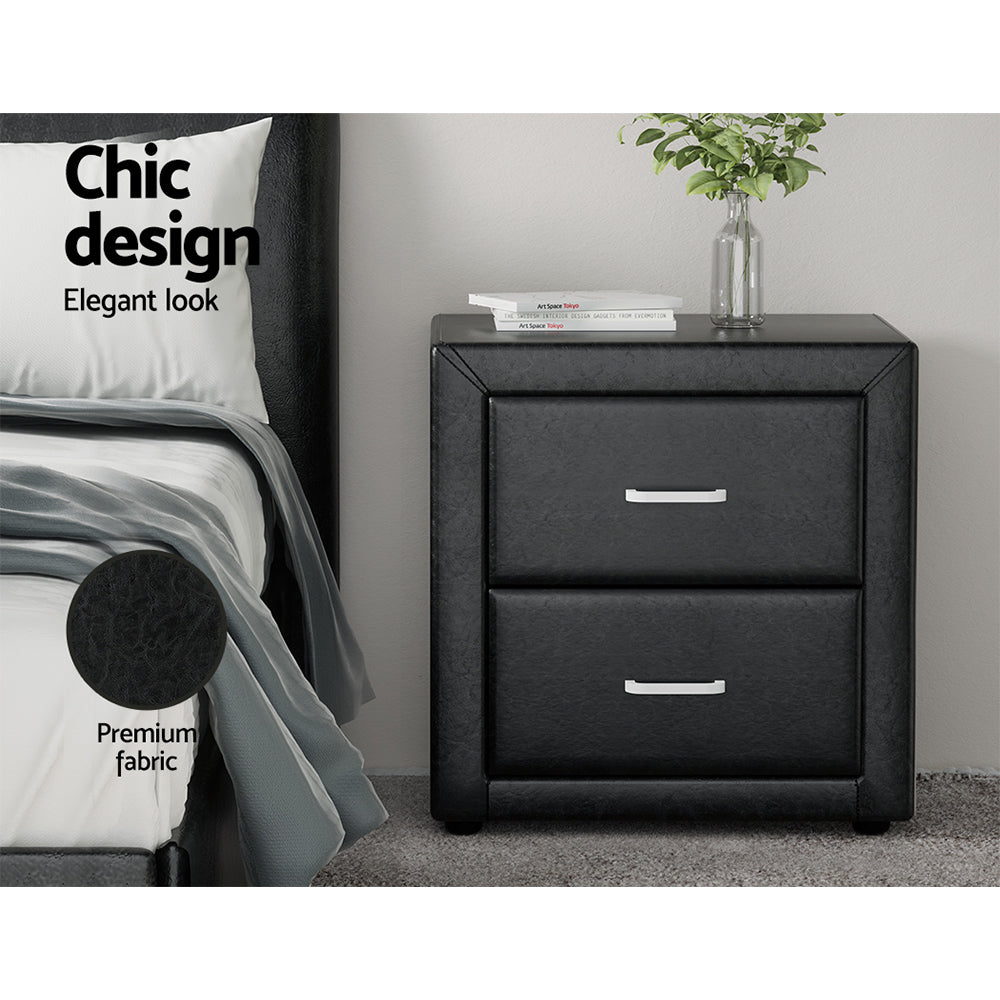 Caden Black Bedside Table 2 Drawers Leather Finish