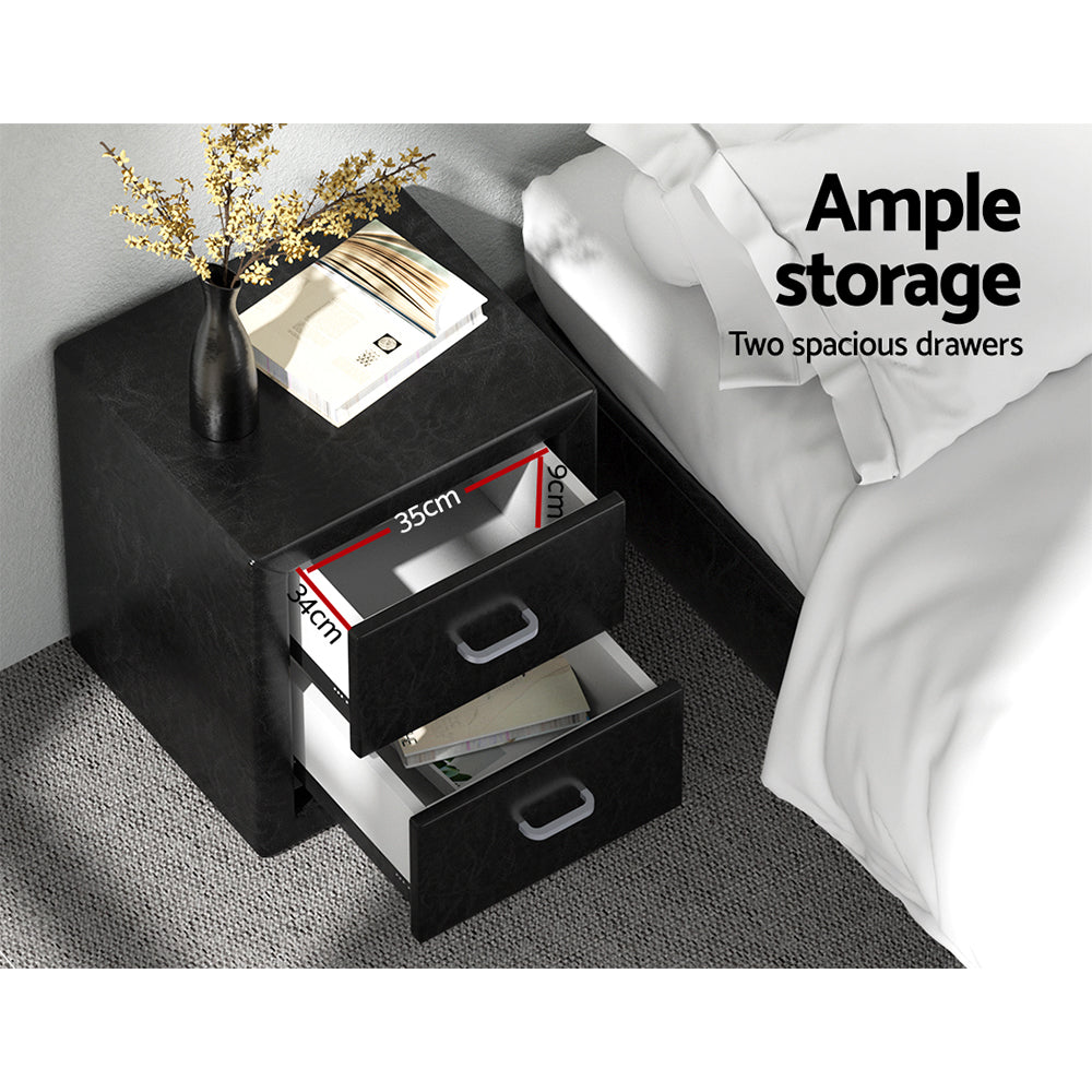 Caden Black Bedside Table 2 Drawers Leather Finish