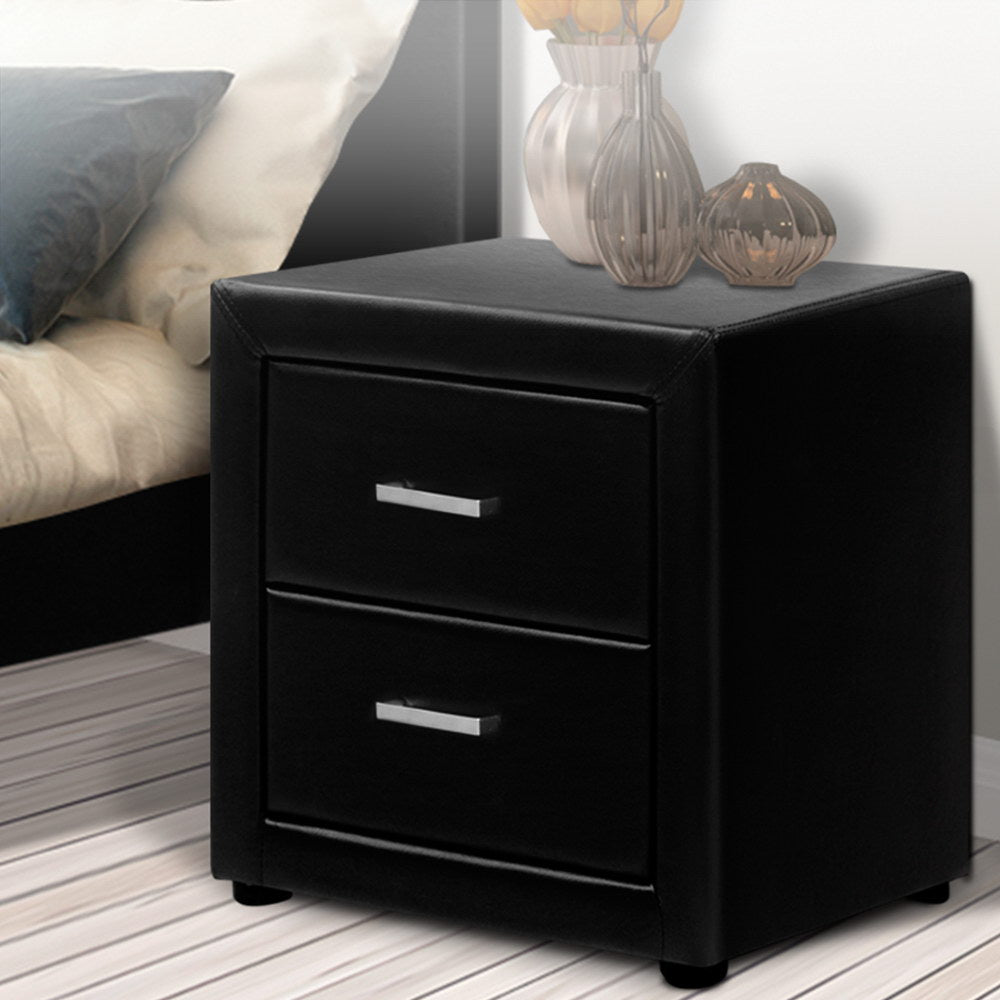 Caden Black Bedside Table 2 Drawers Leather Finish