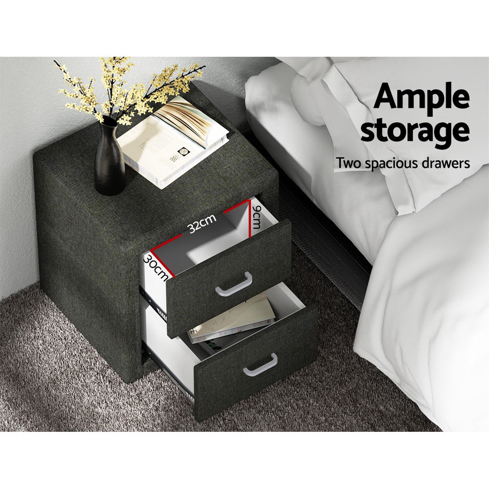 Caden Bedside Table 2 Drawers Fabric Charcoal