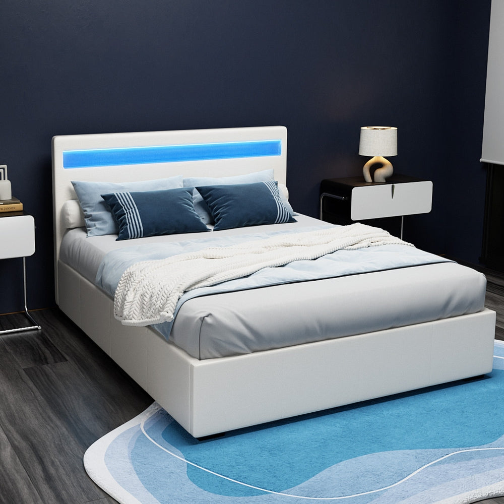 Cole Double Bed Frame LED Gas Lift Storage White