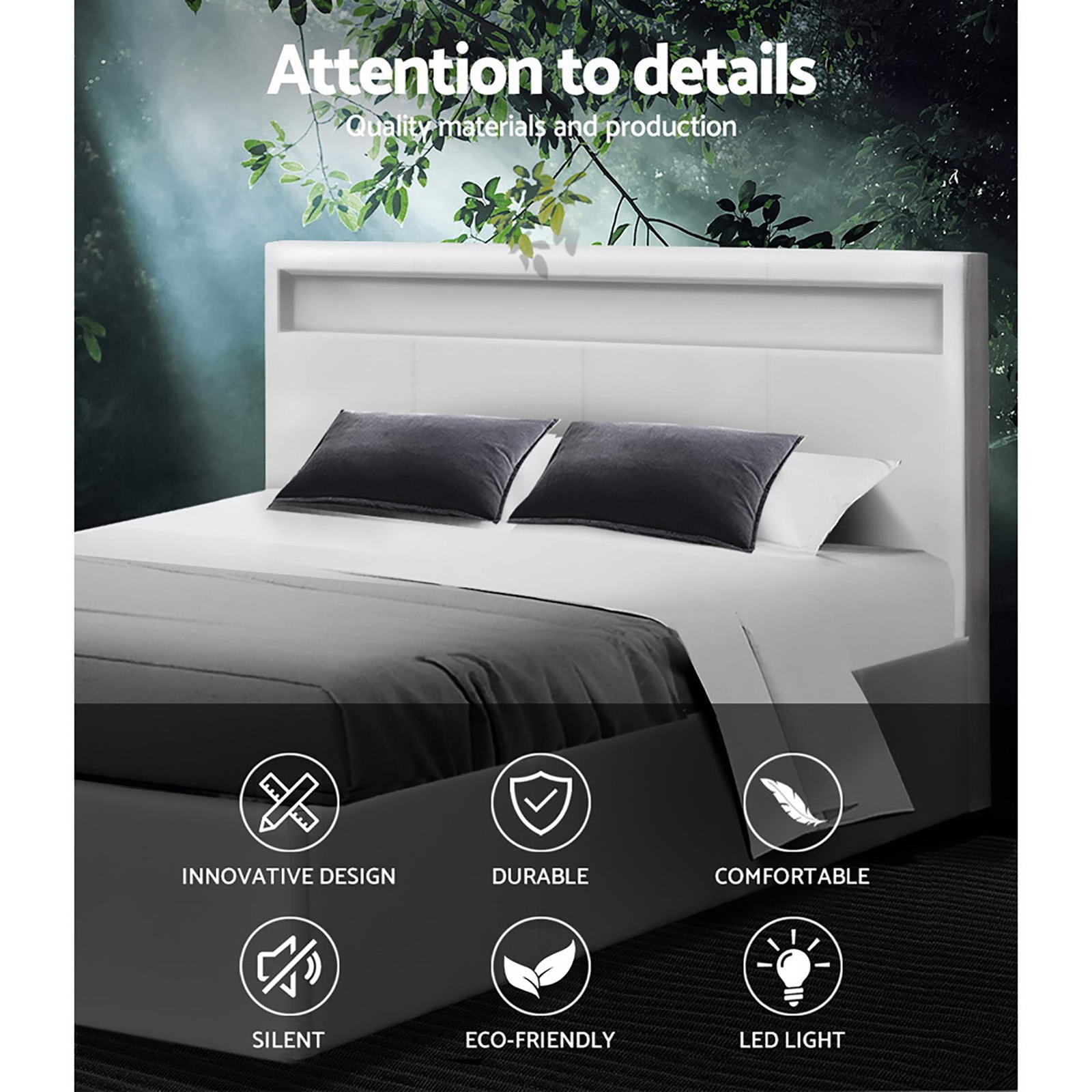 Cole Double Bed Frame LED Gas Lift Storage White