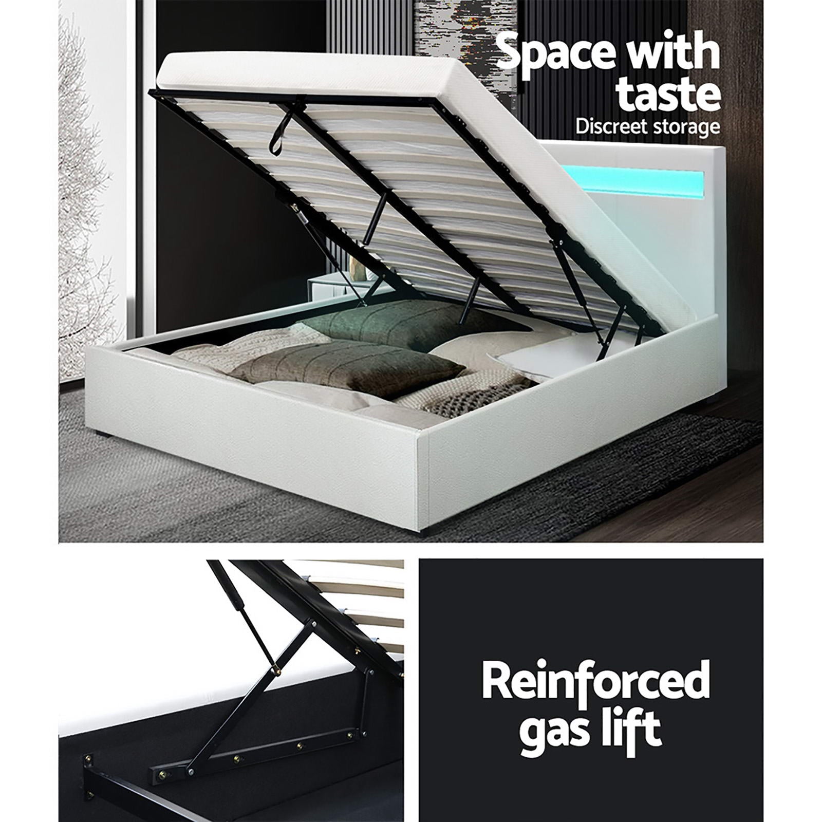 Cole Double Bed Frame LED Gas Lift Storage White