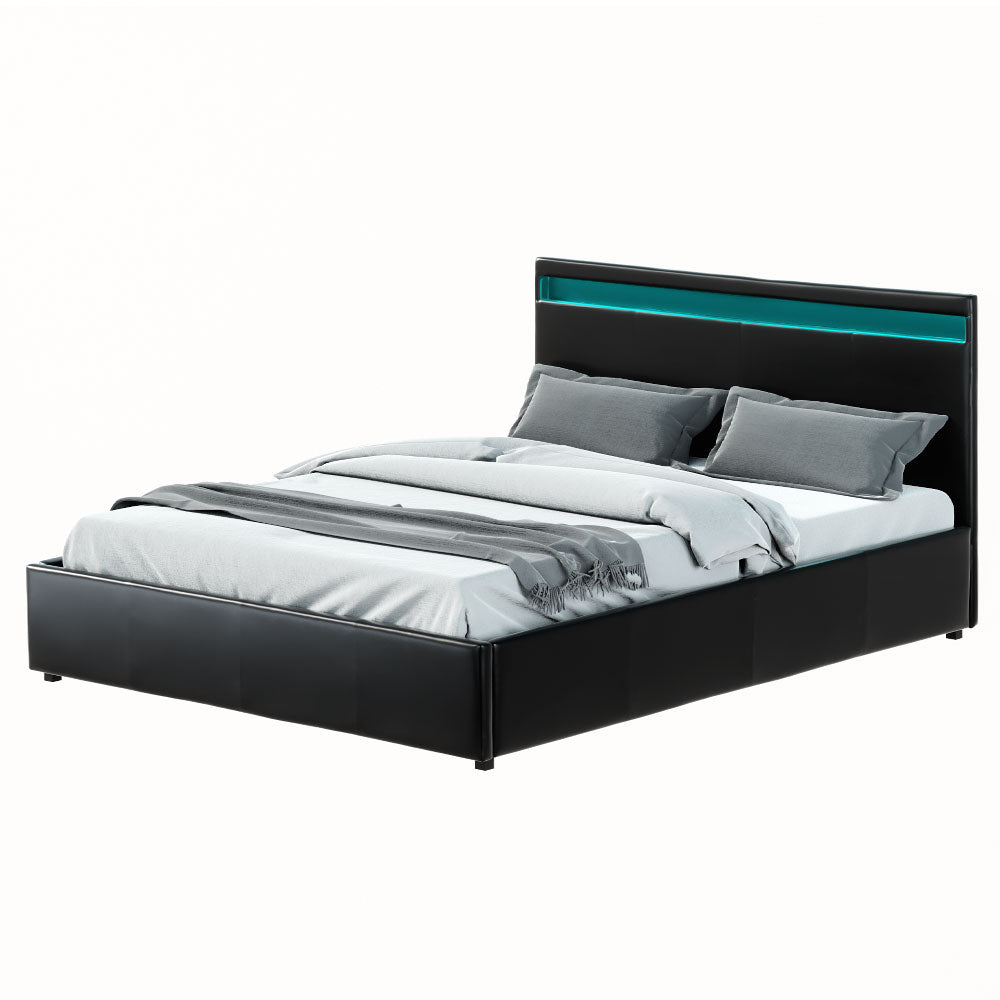 Queen LED Gas Lift Bed Frame, Storage, PVC Leather, Artiss