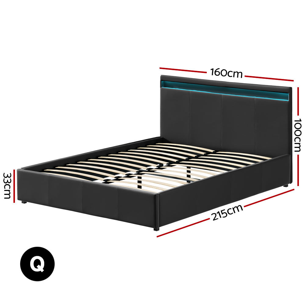 Queen LED Gas Lift Bed Frame, Storage, PVC Leather, Artiss