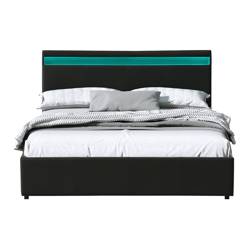 Cole Queen Bed Frame LED Gas Lift Black