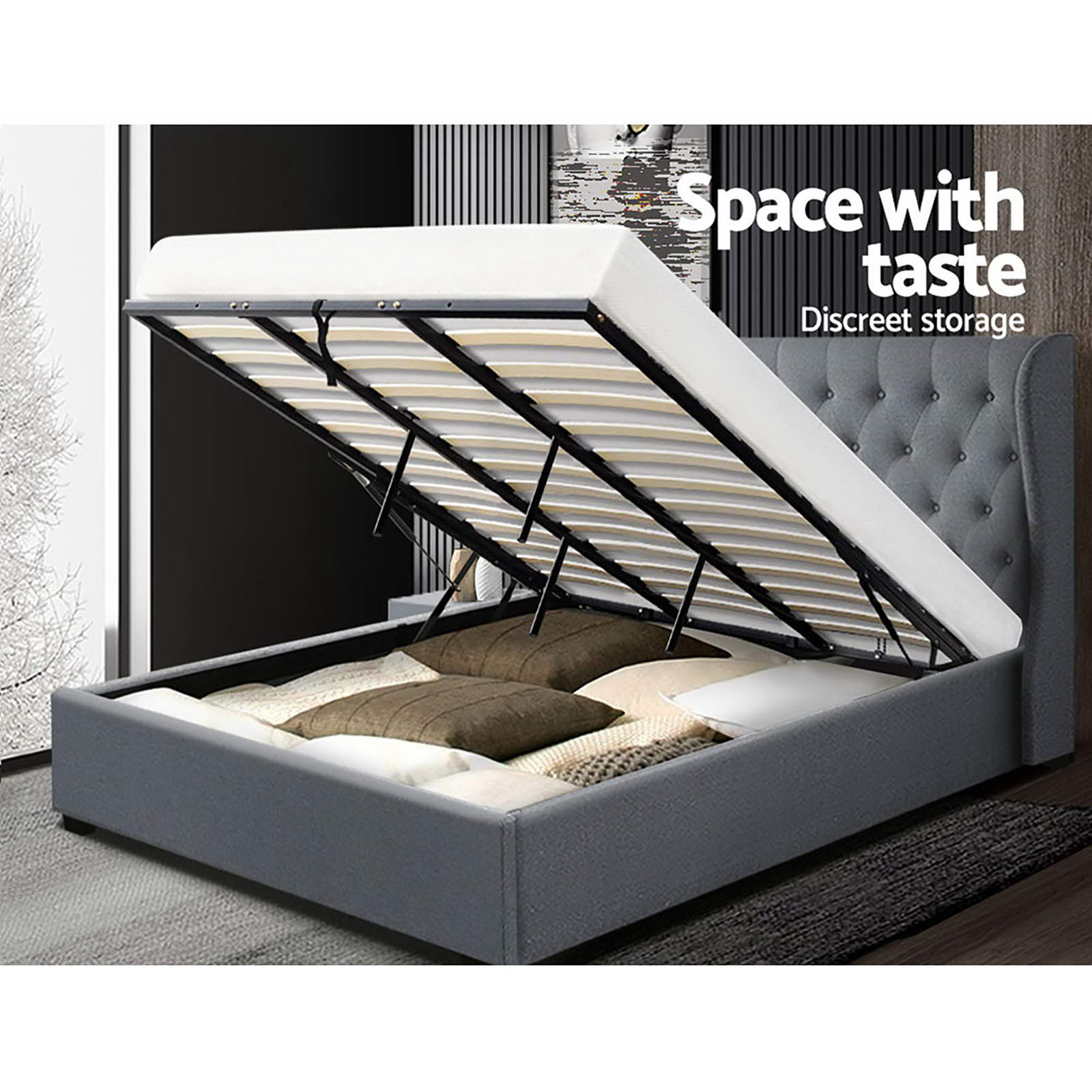 ISSA King Bed Frame Gas Lift Storage Grey