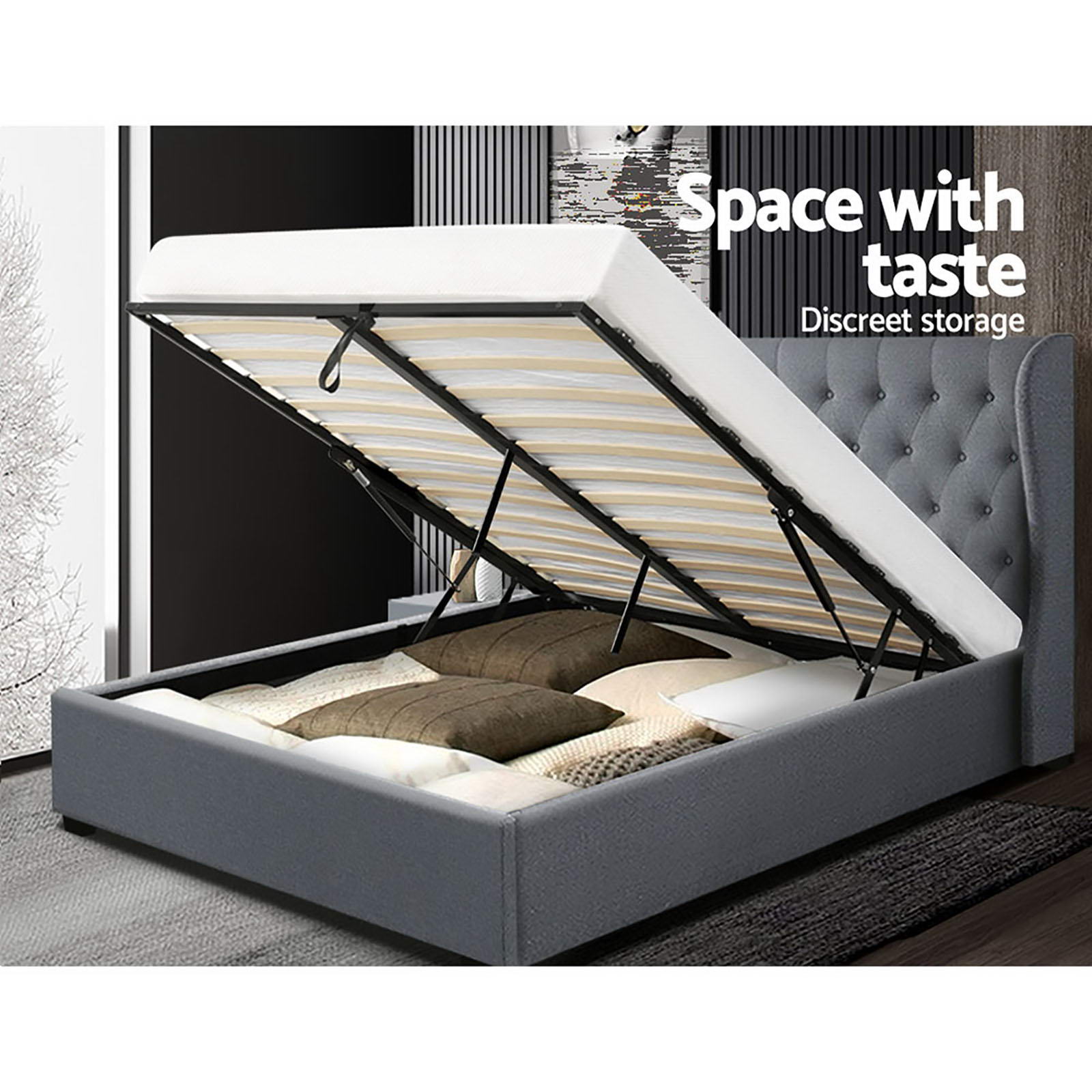 ISSA Queen Bed Frame Gas Lift Storage Grey