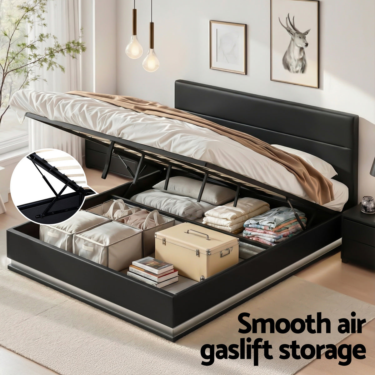 Lumi King Size Gas Lift Bed Frame with LED Lighting Black