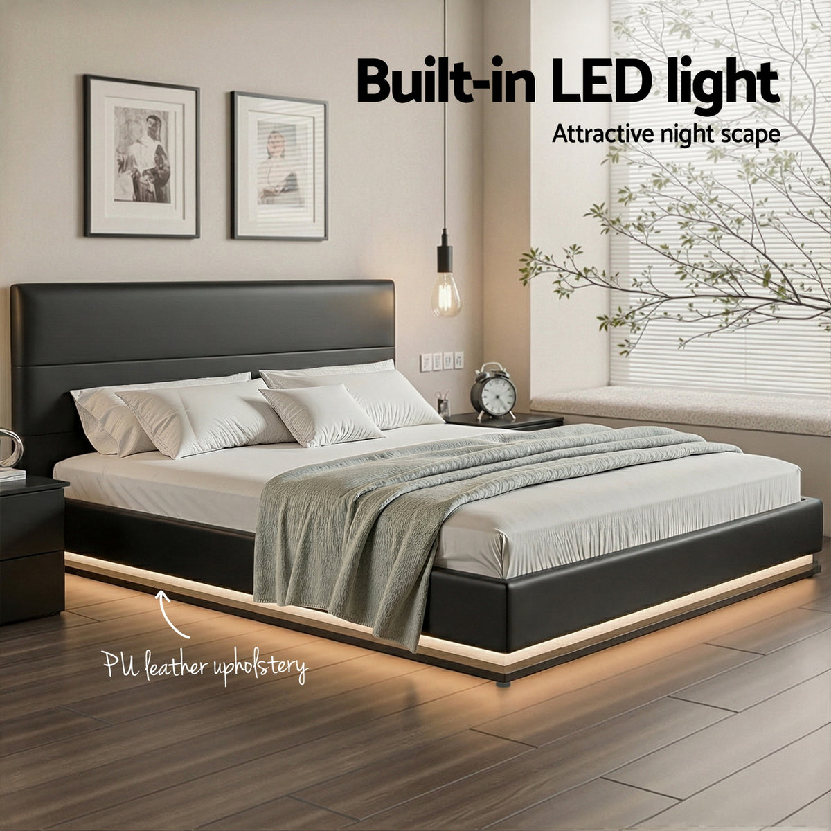 Lumi King Size Gas Lift Bed Frame with LED Lighting Black